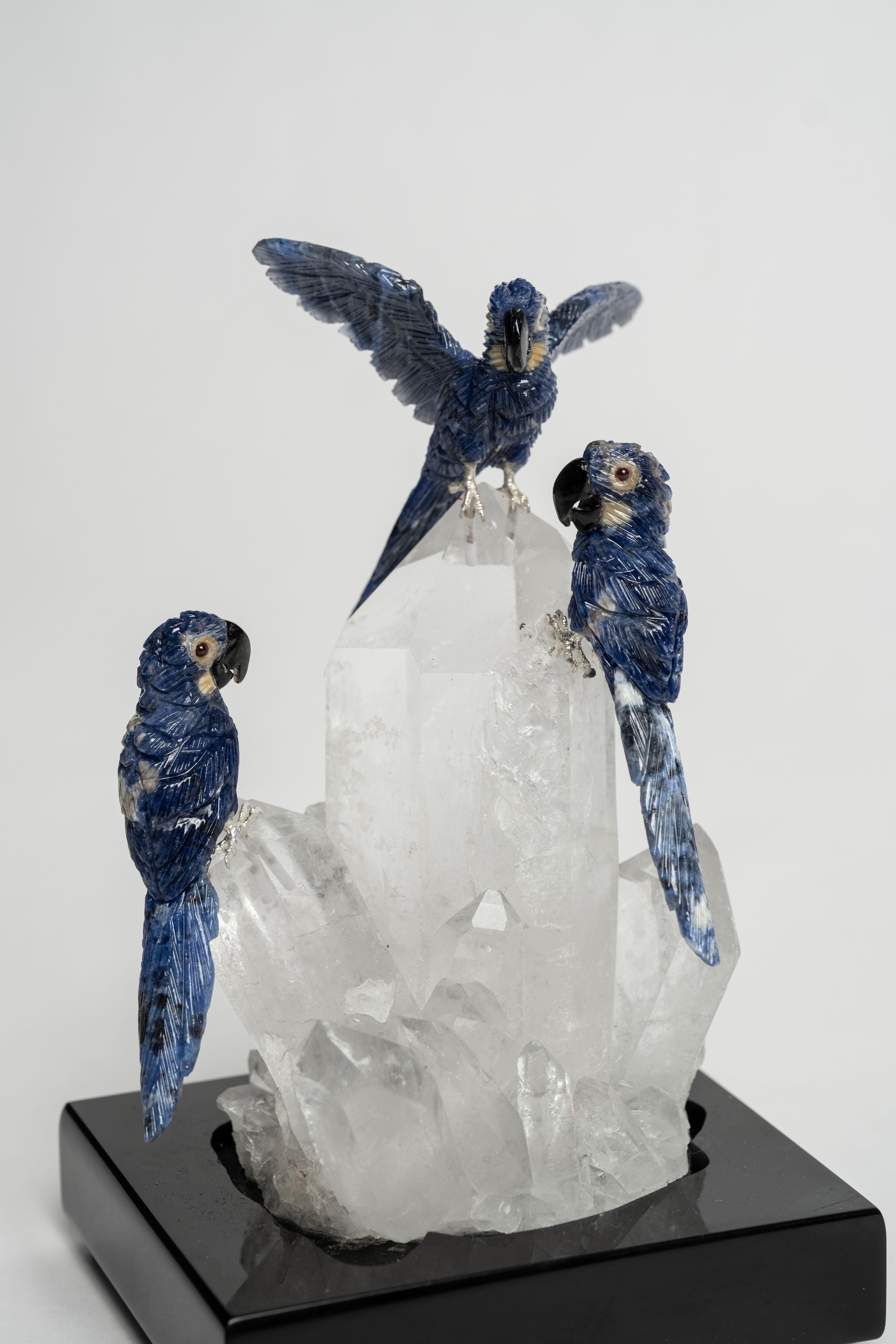 Contemporary Trio Lapis Lazuli Parrots on Quartz Base For Sale
