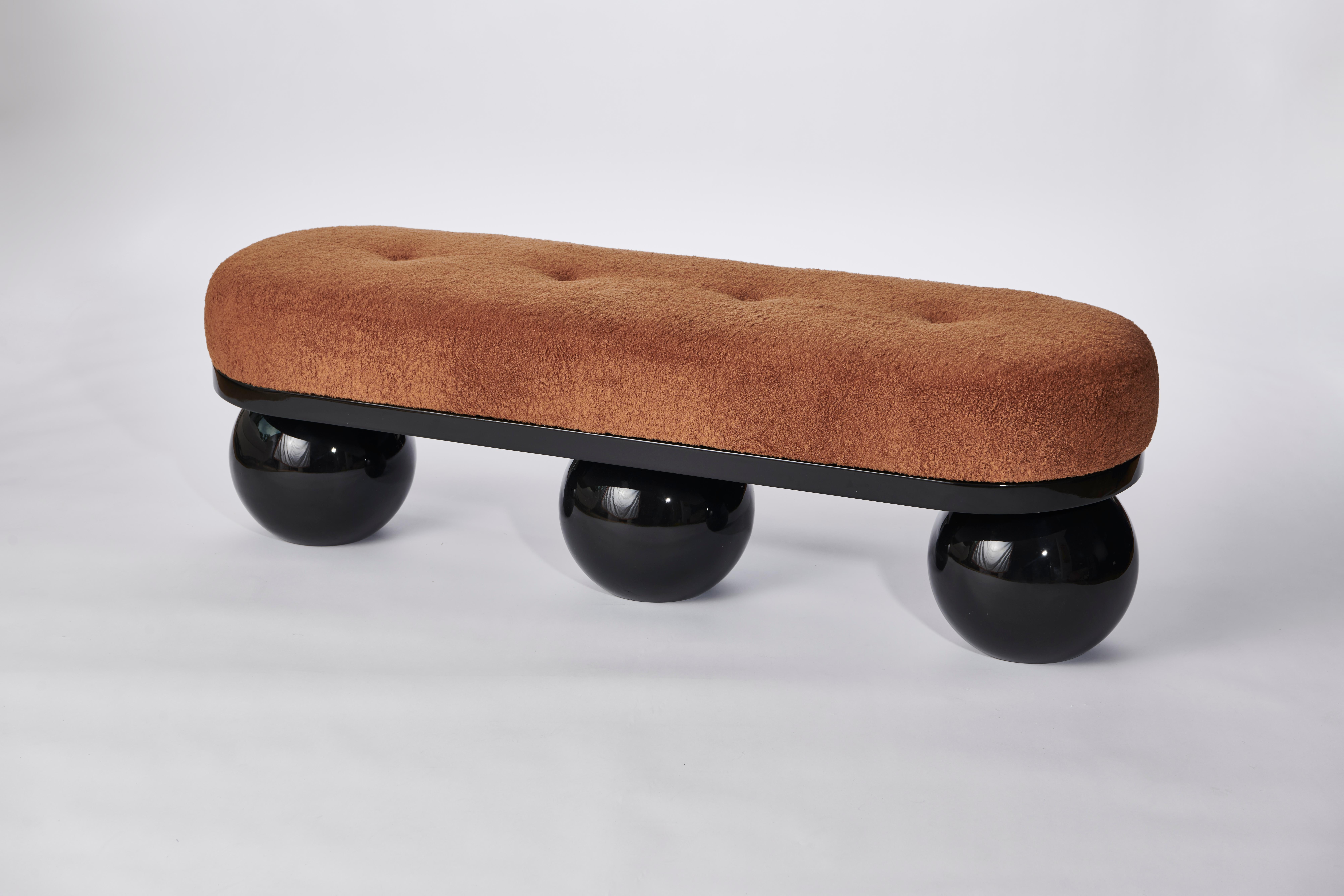 Modern Trio-Leo Bench, Camel Bouclé & Wood Bench by Christian Siriano For Sale