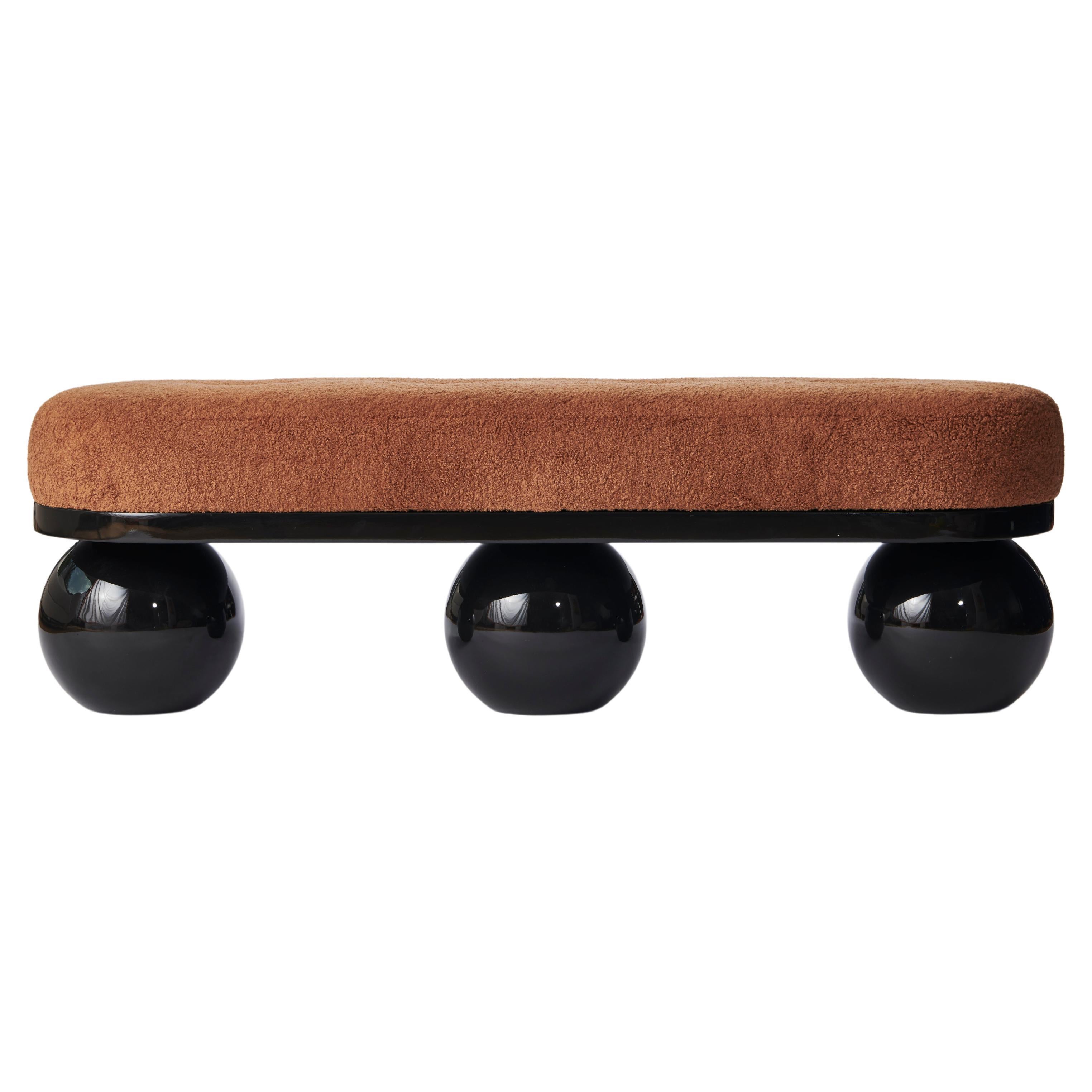 Trio-Leo Bench, Camel Bouclé & Wood Bench by Christian Siriano For Sale