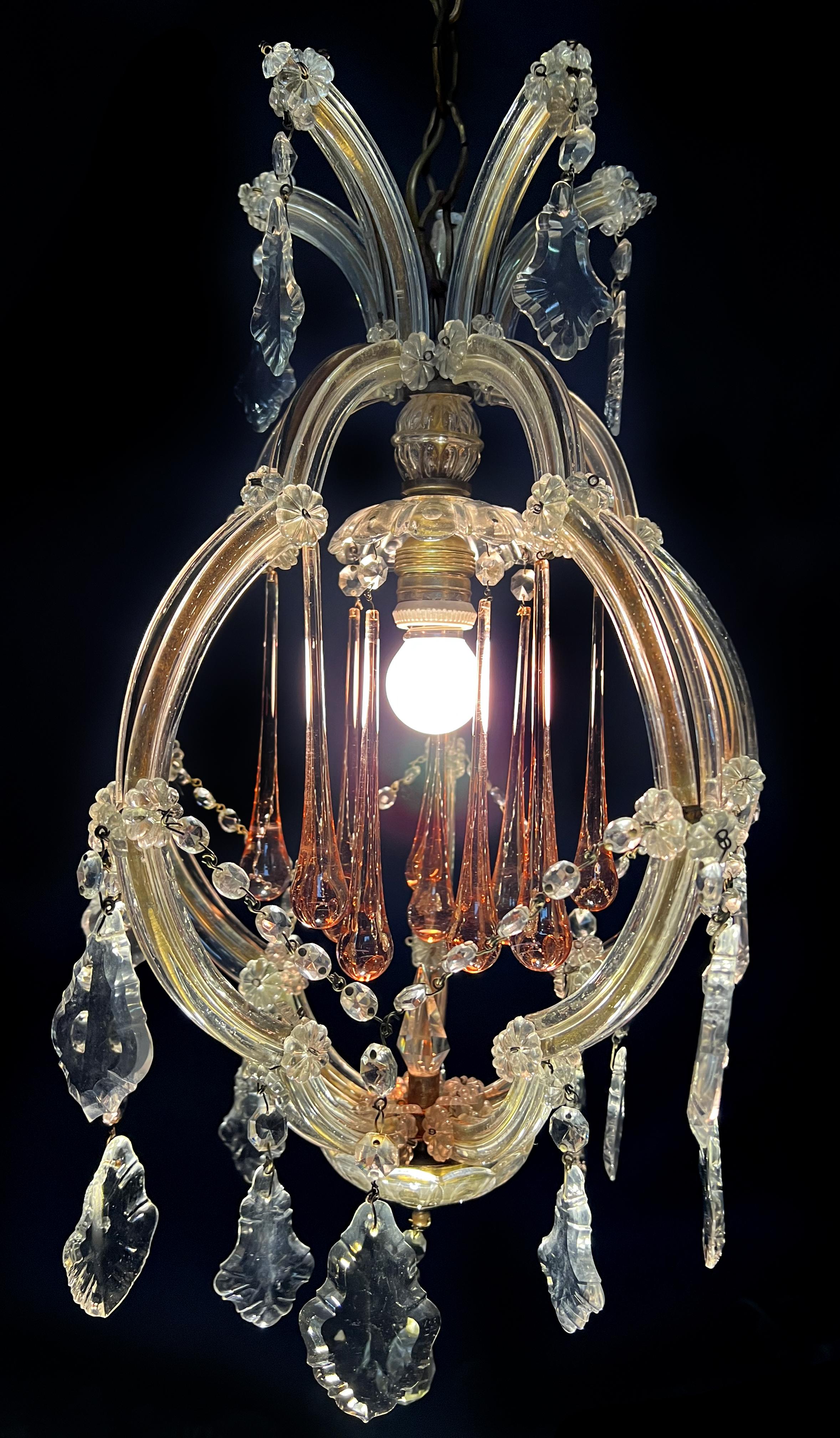 Trio Murano chandelier:
1) Height 100 cm, diameter 24 cm. Height without the chain 50 cm
2) Height 76 cm, diameter 34 cm. 
3) Height 100 cm, diameter 50 cm. Height without the chain 60 cm