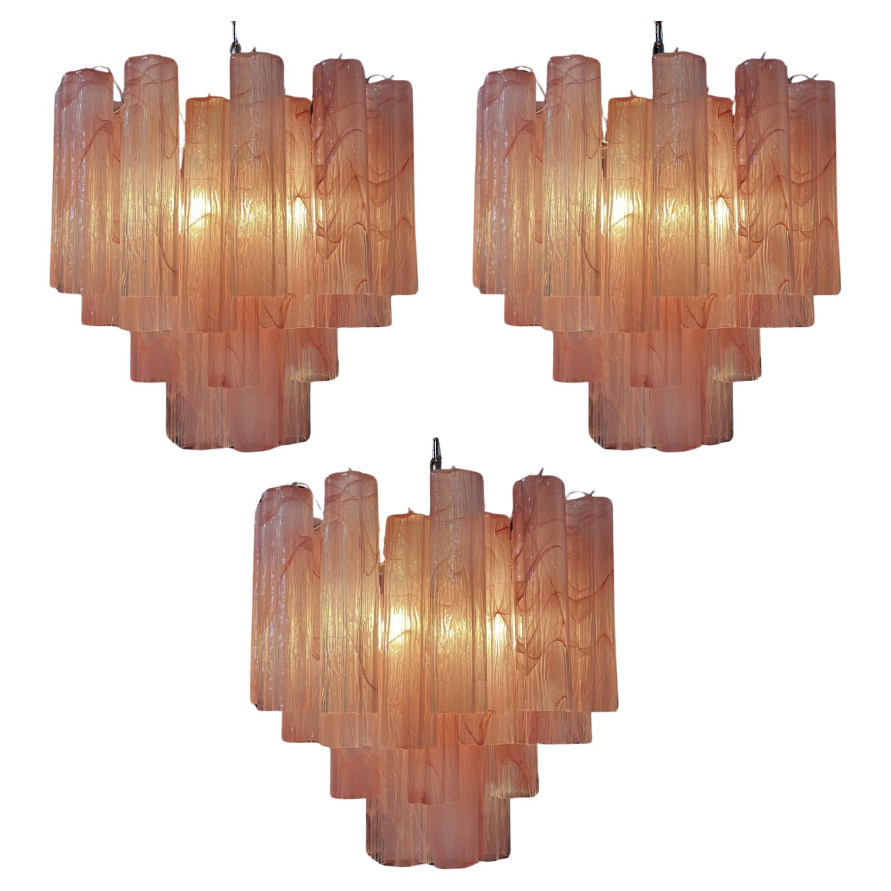 Trio Murano Glass Tronchi Chandeliers, Pink Alabaster For Sale