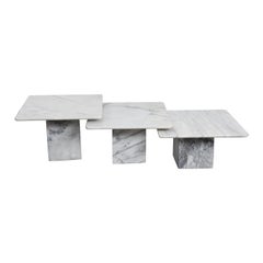 Trio of 1970s Italian White Marble Coffee Tables in Different Heights