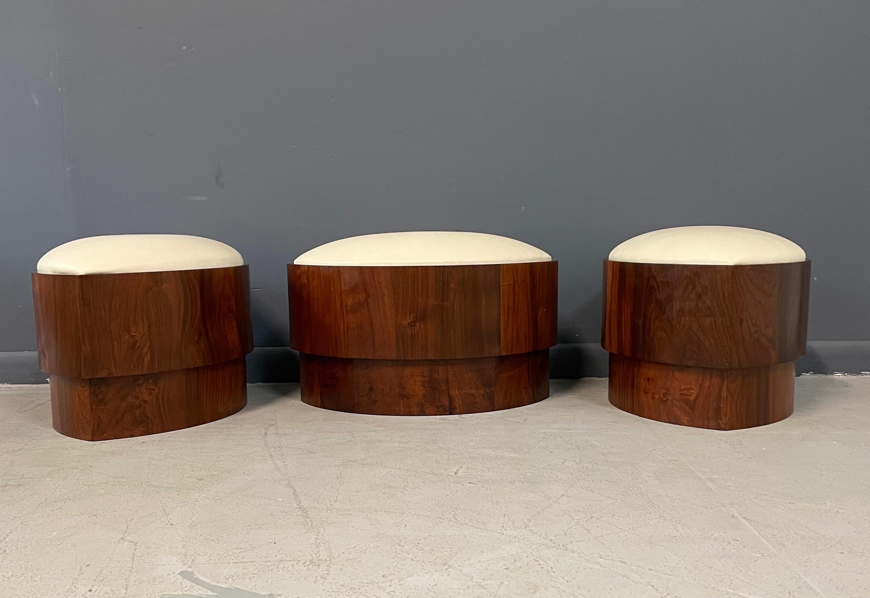 Trio of 1970s Leather Upholstered Koa Wood Ottomans or Stools Mid-Century  4