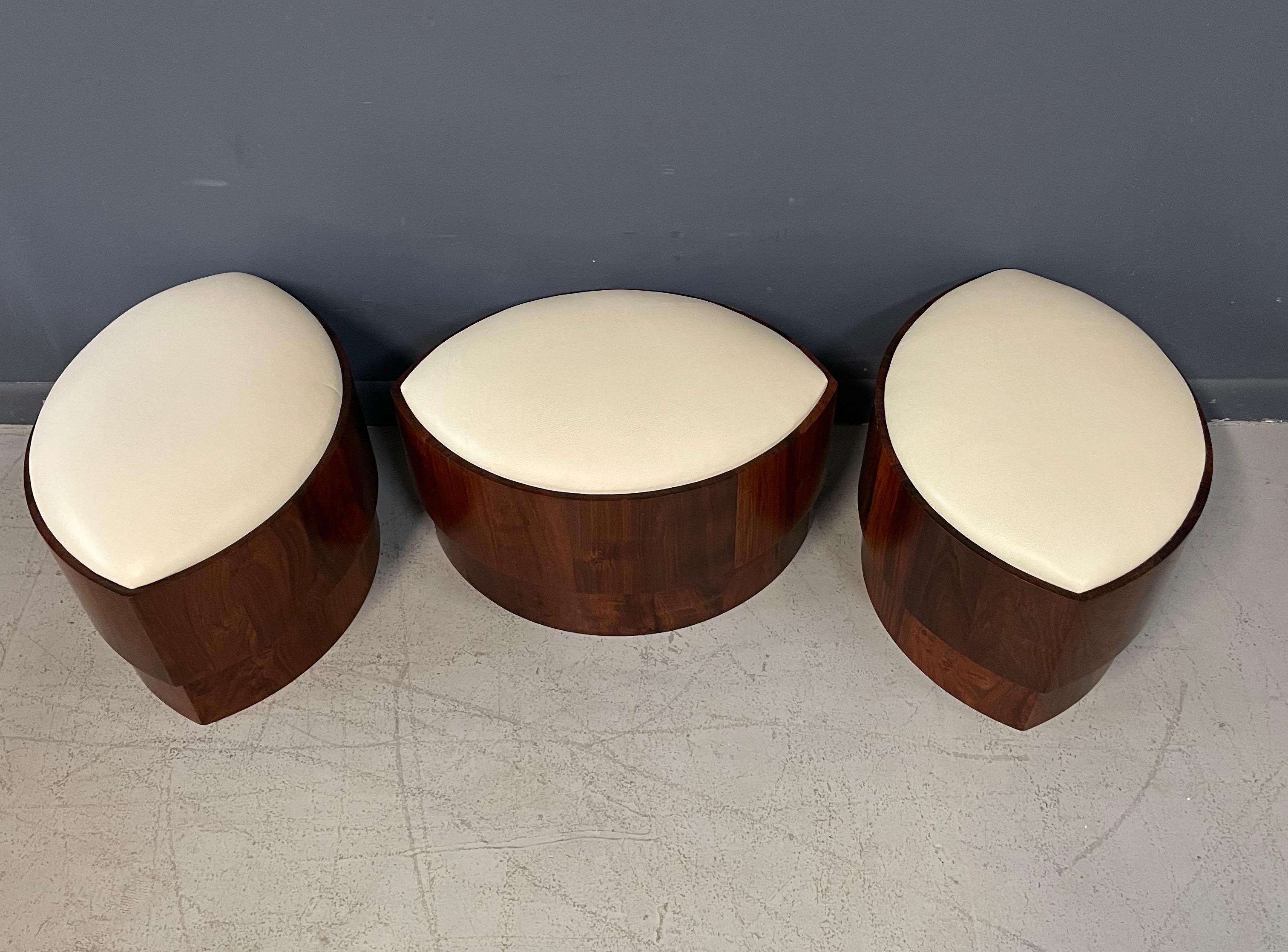 Mid-Century Modern Trio of 1970s Leather Upholstered Koa Wood Ottomans or Stools Mid-Century 