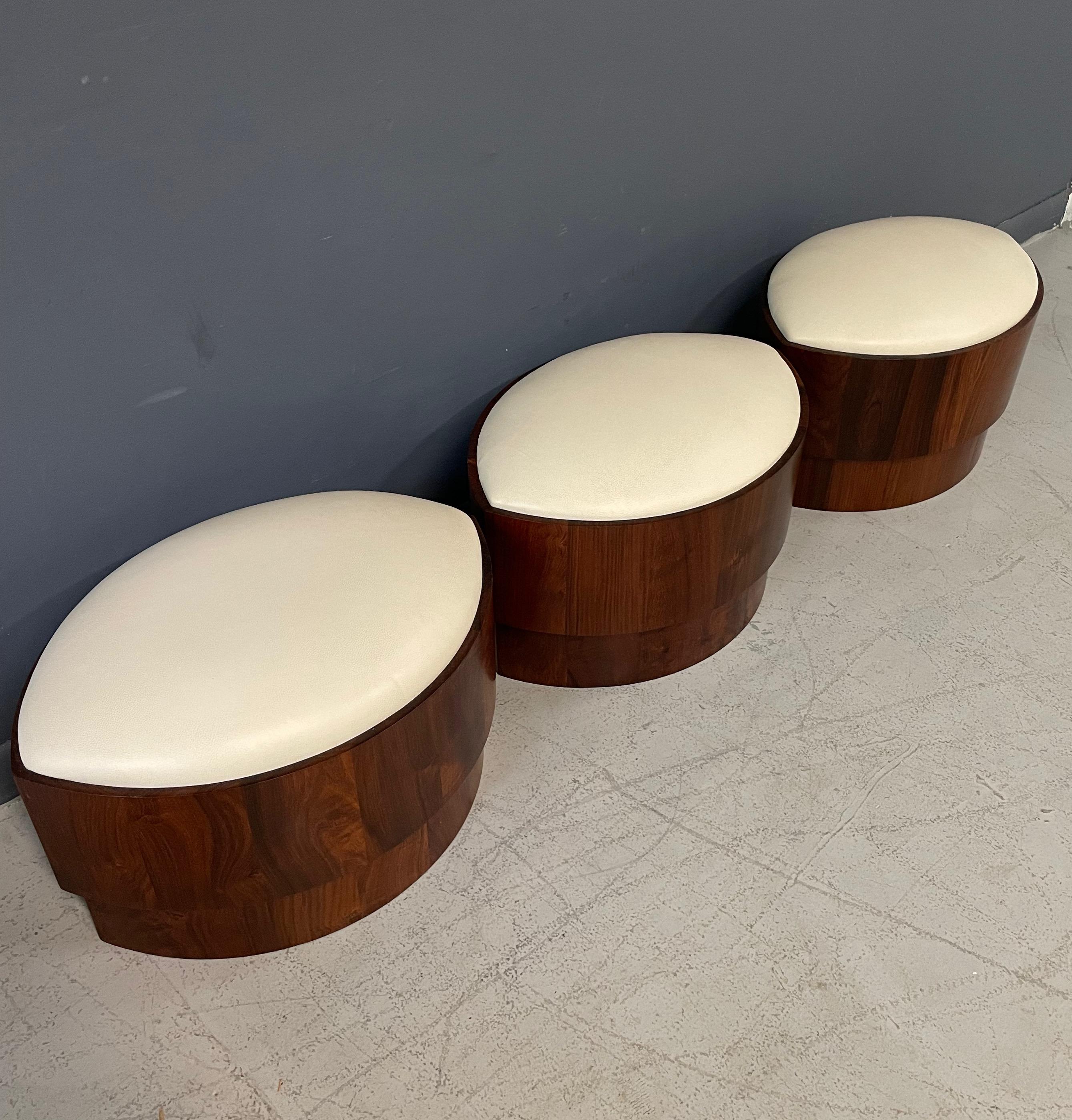 North American Trio of 1970s Leather Upholstered Koa Wood Ottomans or Stools Mid-Century 