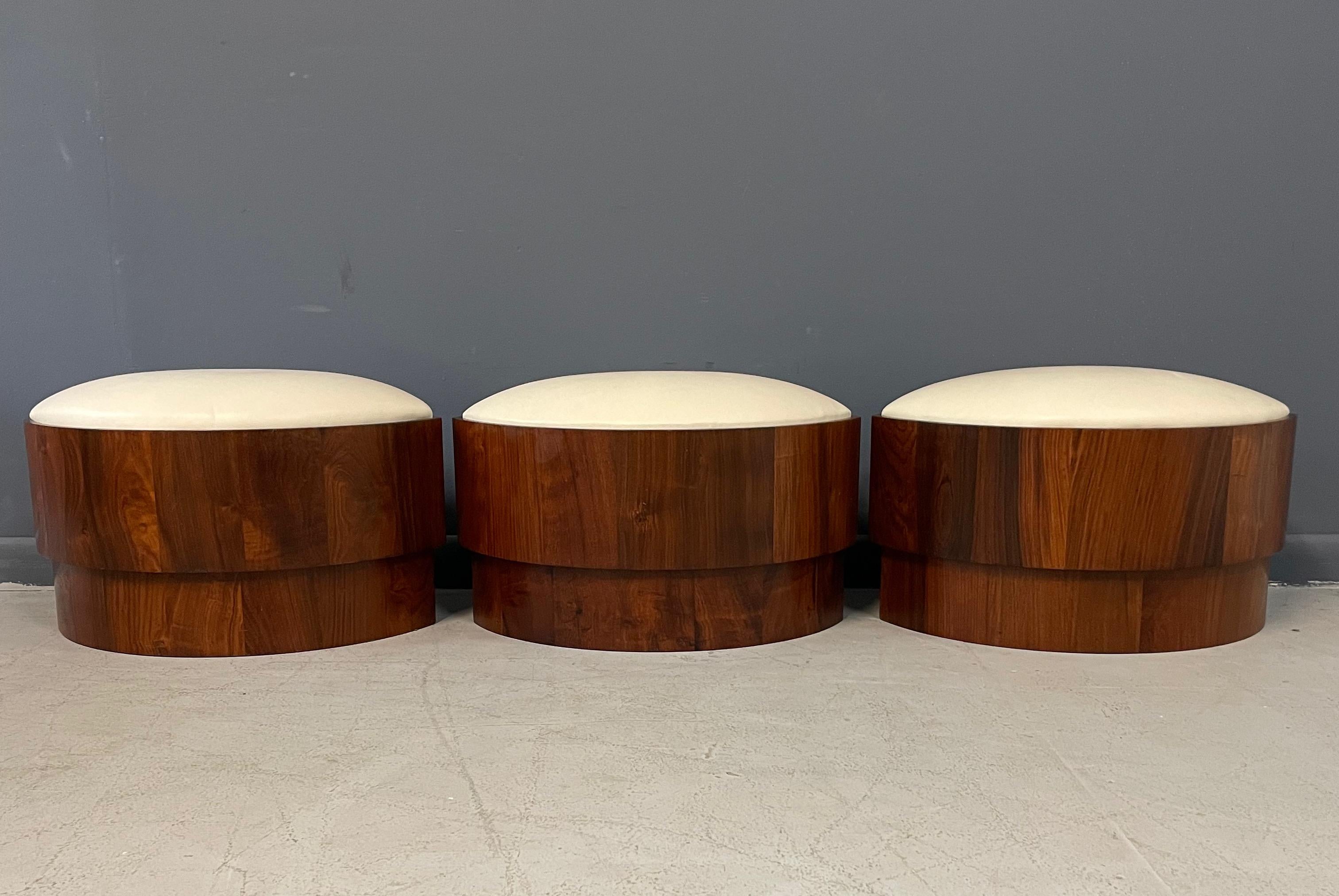 Trio of 1970s Leather Upholstered Koa Wood Ottomans or Stools Mid-Century  In Good Condition In Philadelphia, PA