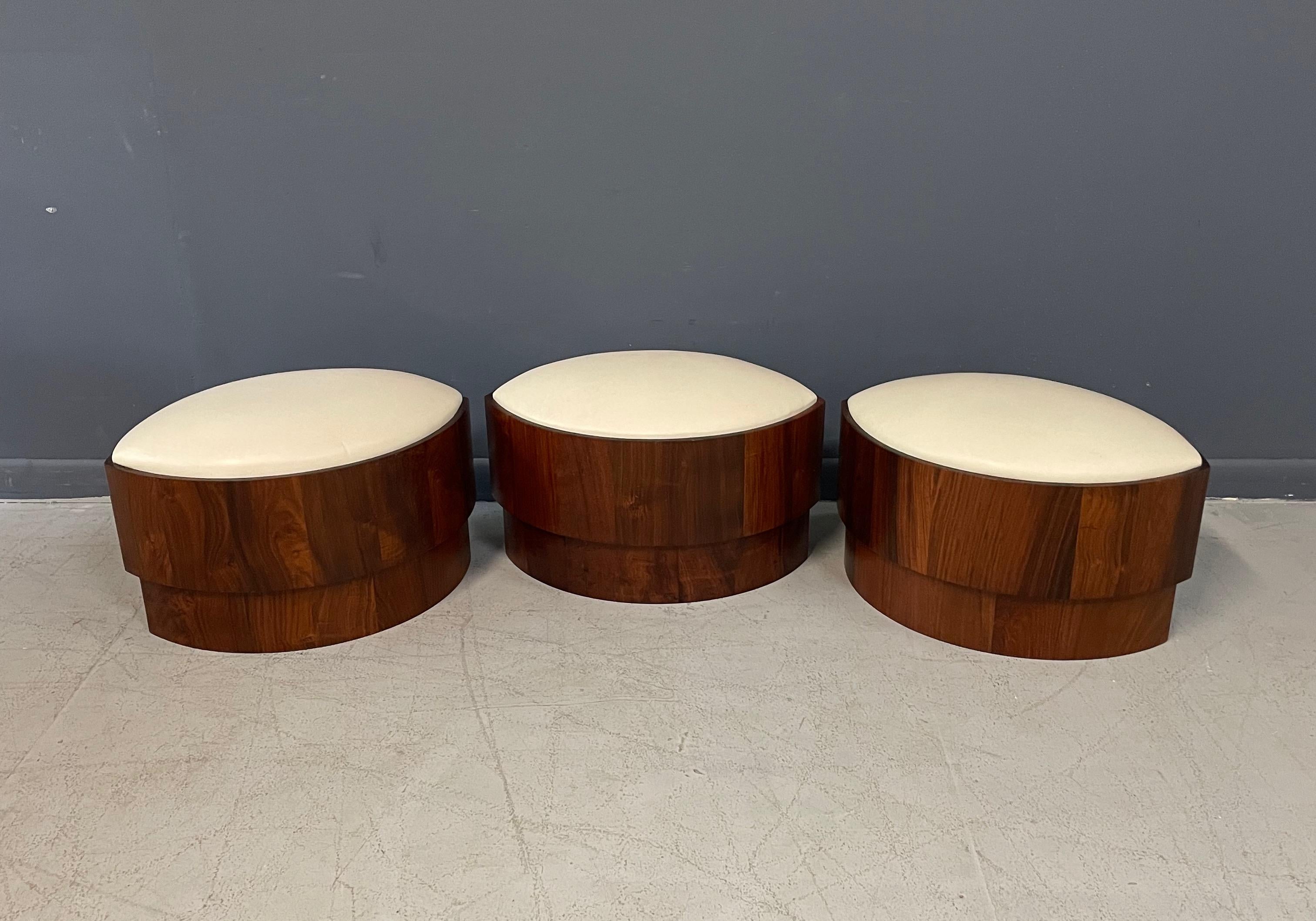 20th Century Trio of 1970s Leather Upholstered Koa Wood Ottomans or Stools Mid-Century 