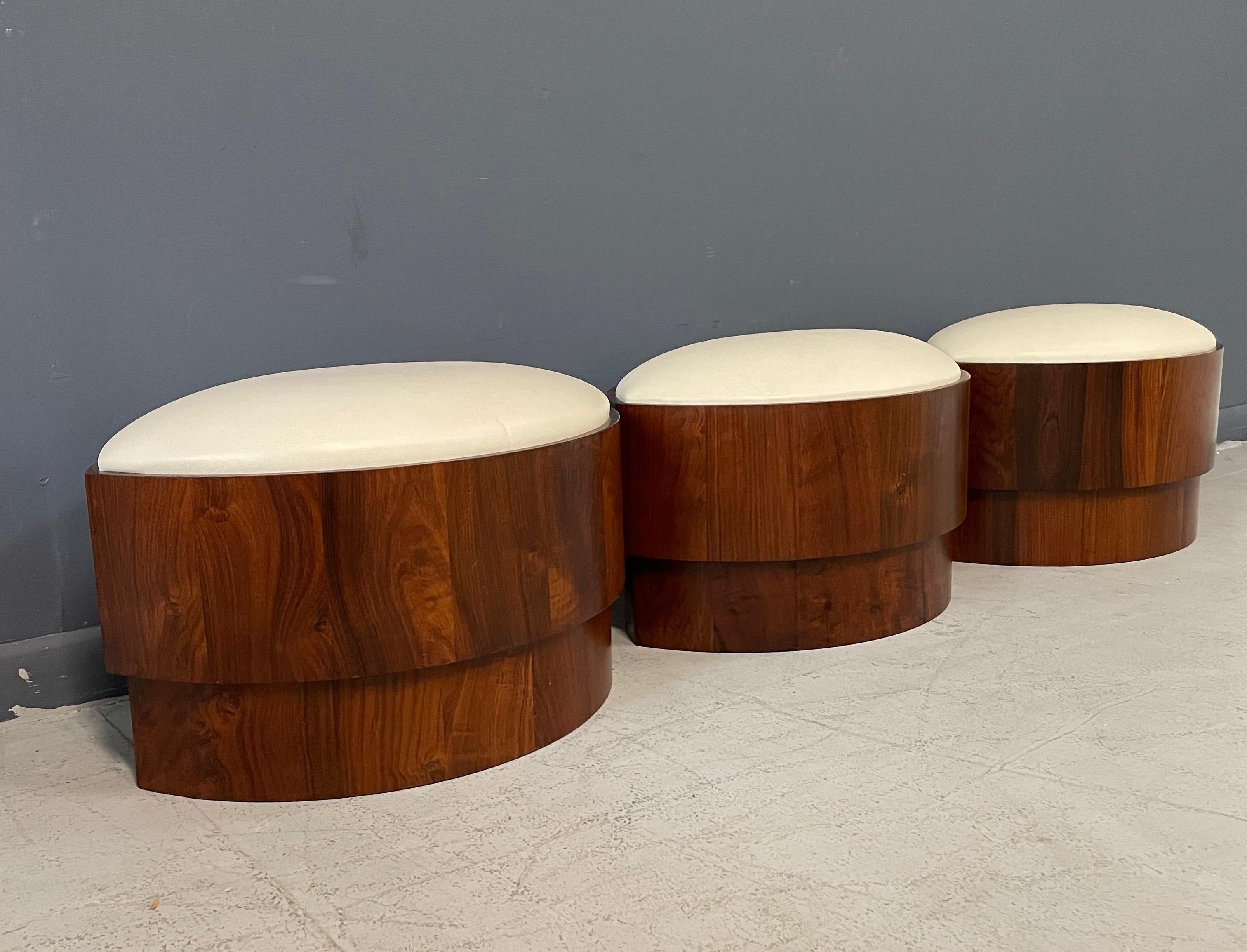 Trio of 1970s Leather Upholstered Koa Wood Ottomans or Stools Mid-Century  1