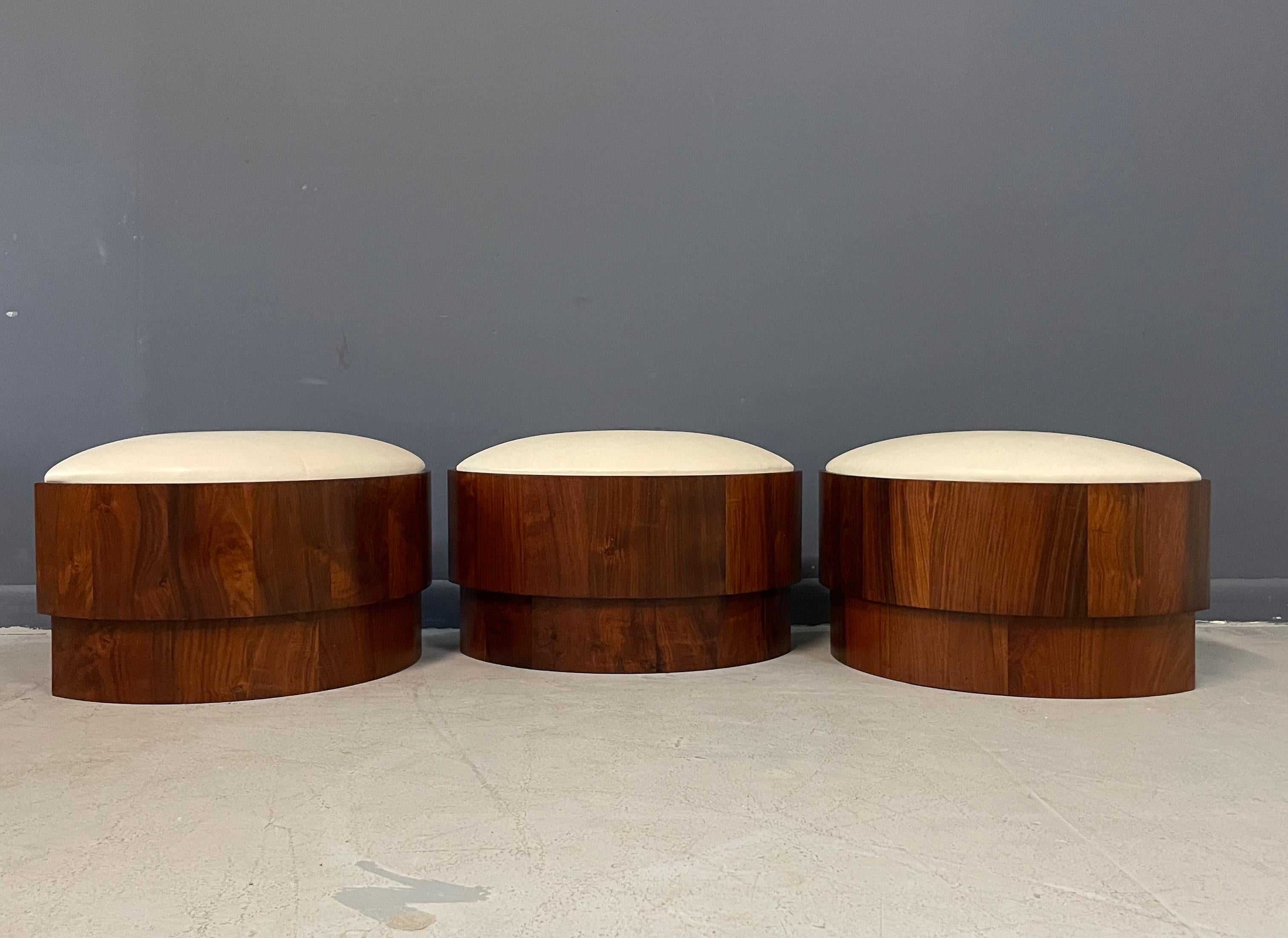 Trio of 1970s Leather Upholstered Koa Wood Ottomans or Stools Mid-Century  2