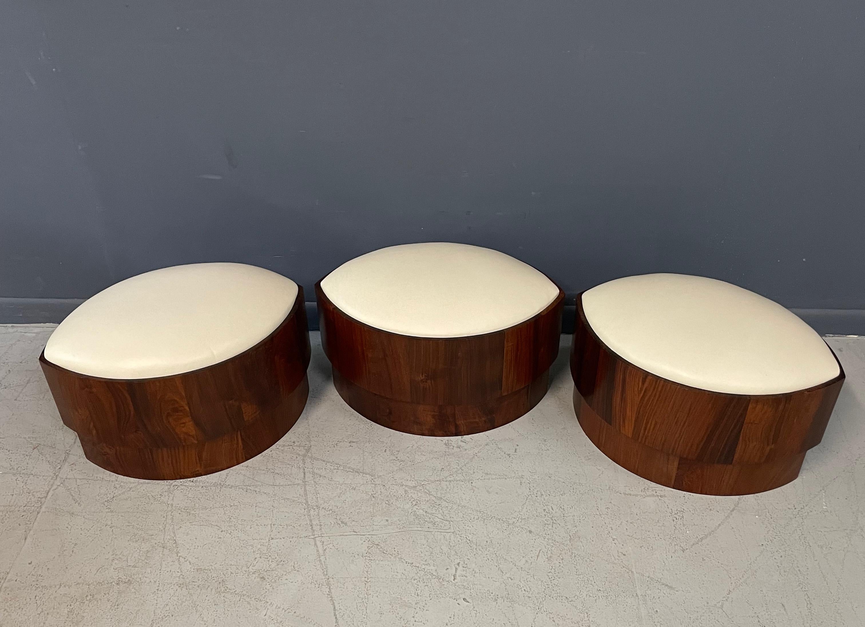Trio of 1970s Leather Upholstered Koa Wood Ottomans or Stools Mid-Century  3