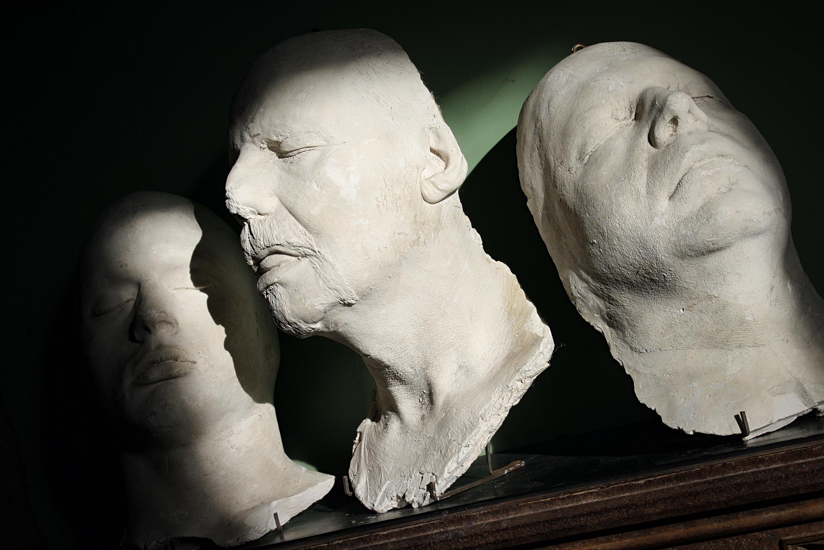 A trio of late 19th century death masks, a thick plaster form taken from the deceased the technique was used prior advent of photography. Often used for the famous individuals to maintain a record of their faces after death in order to continue