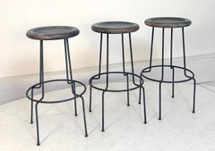 Trio of 3 cerused distressed oak and iron bar stools