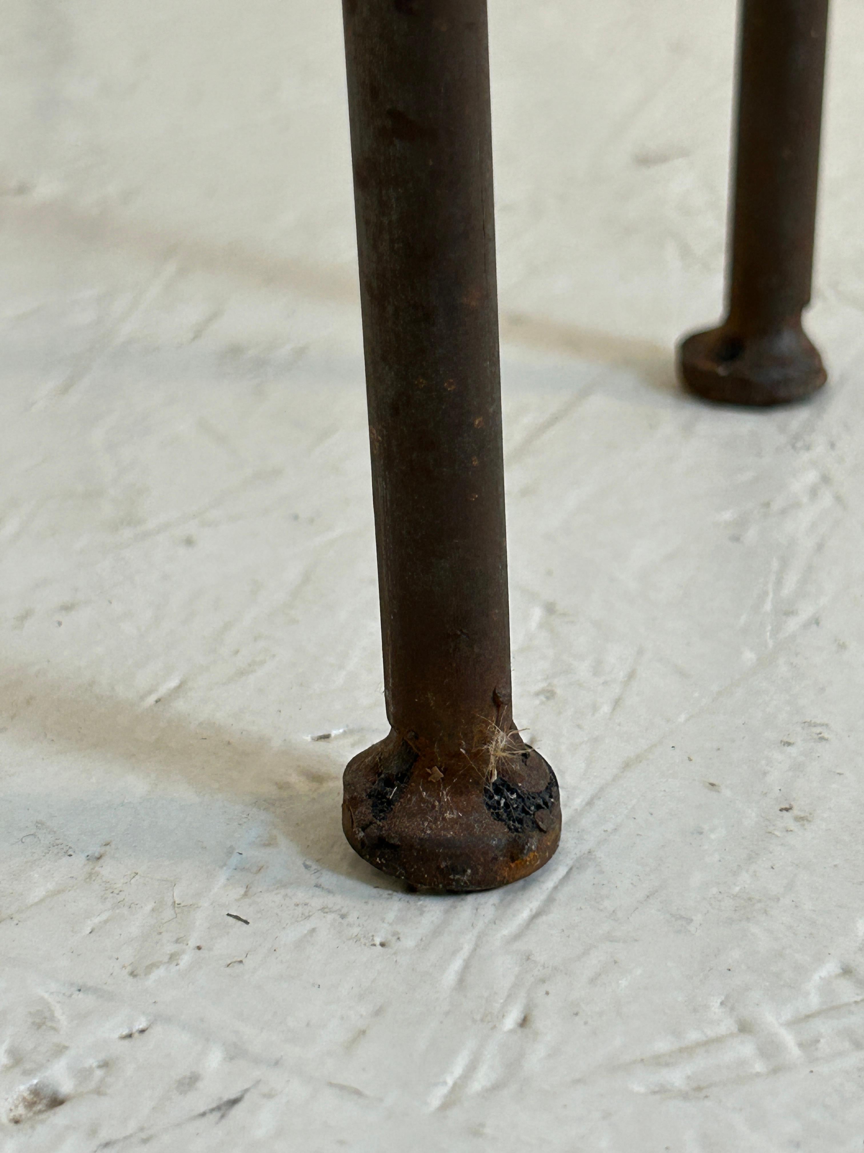 Mid-20th Century Trio of 3 cerused distressed oak and iron bar stools For Sale