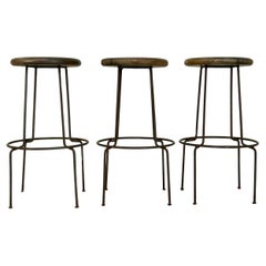 Trio of 3 cerused distressed oak and iron bar stools