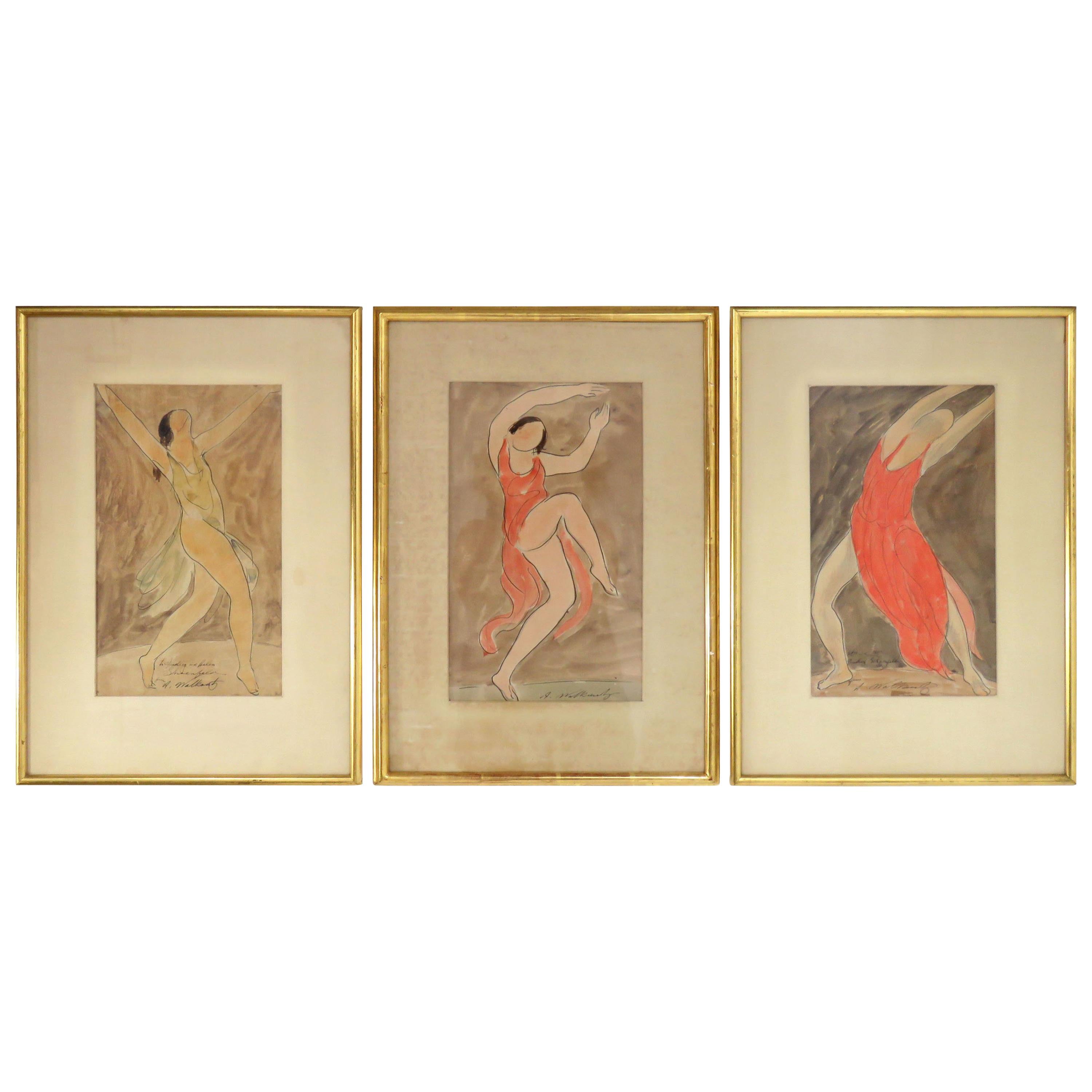 Trio of Abraham Walkowitz Isadora Duncan Watercolors, circa 1920s
