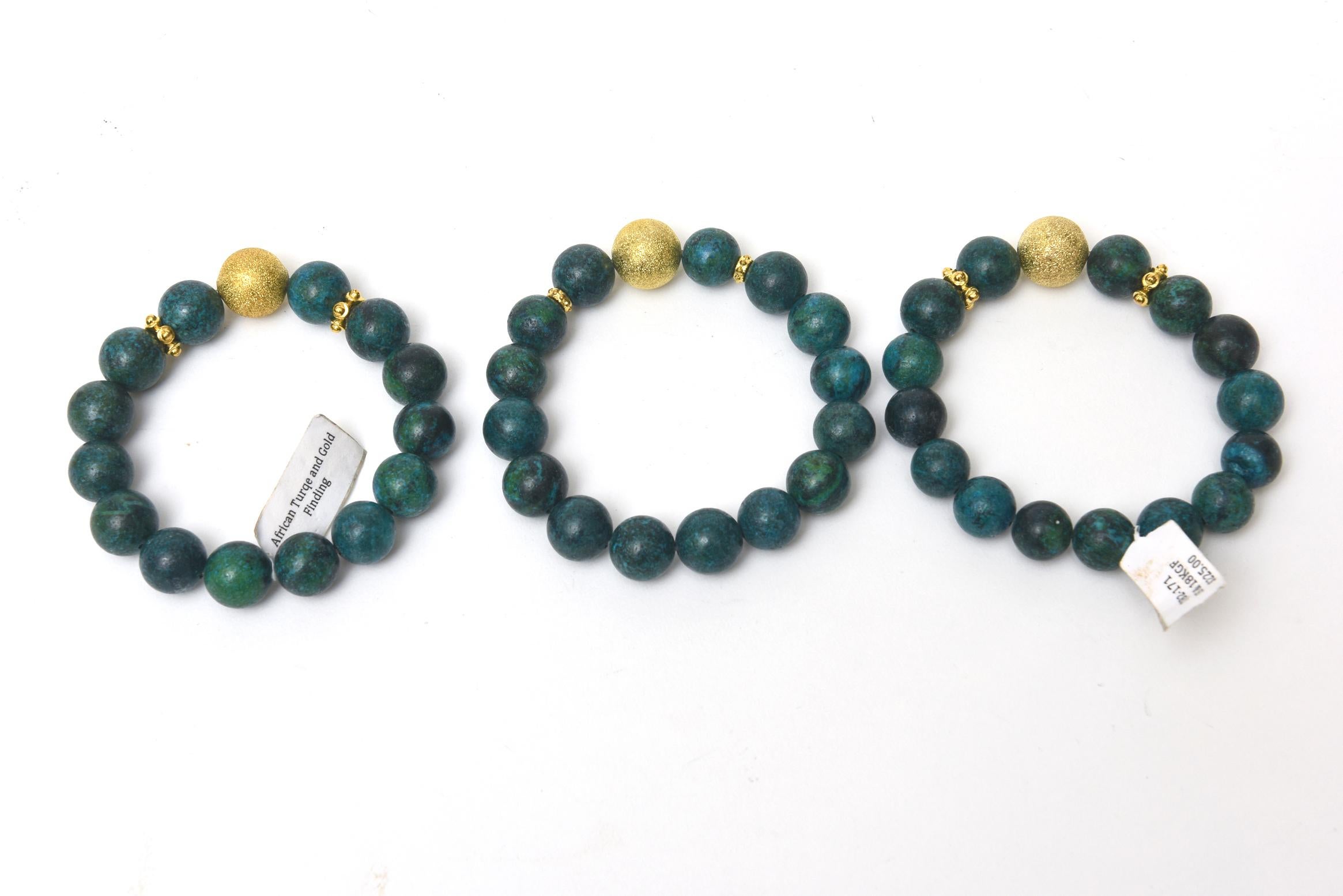 Modern Trio of Turquoise Beaded and Gold Filled Bracelets