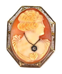 Trio of Antique Carved Shell Cameo Brooch Pin Pendants w Gold Diamonds Accents