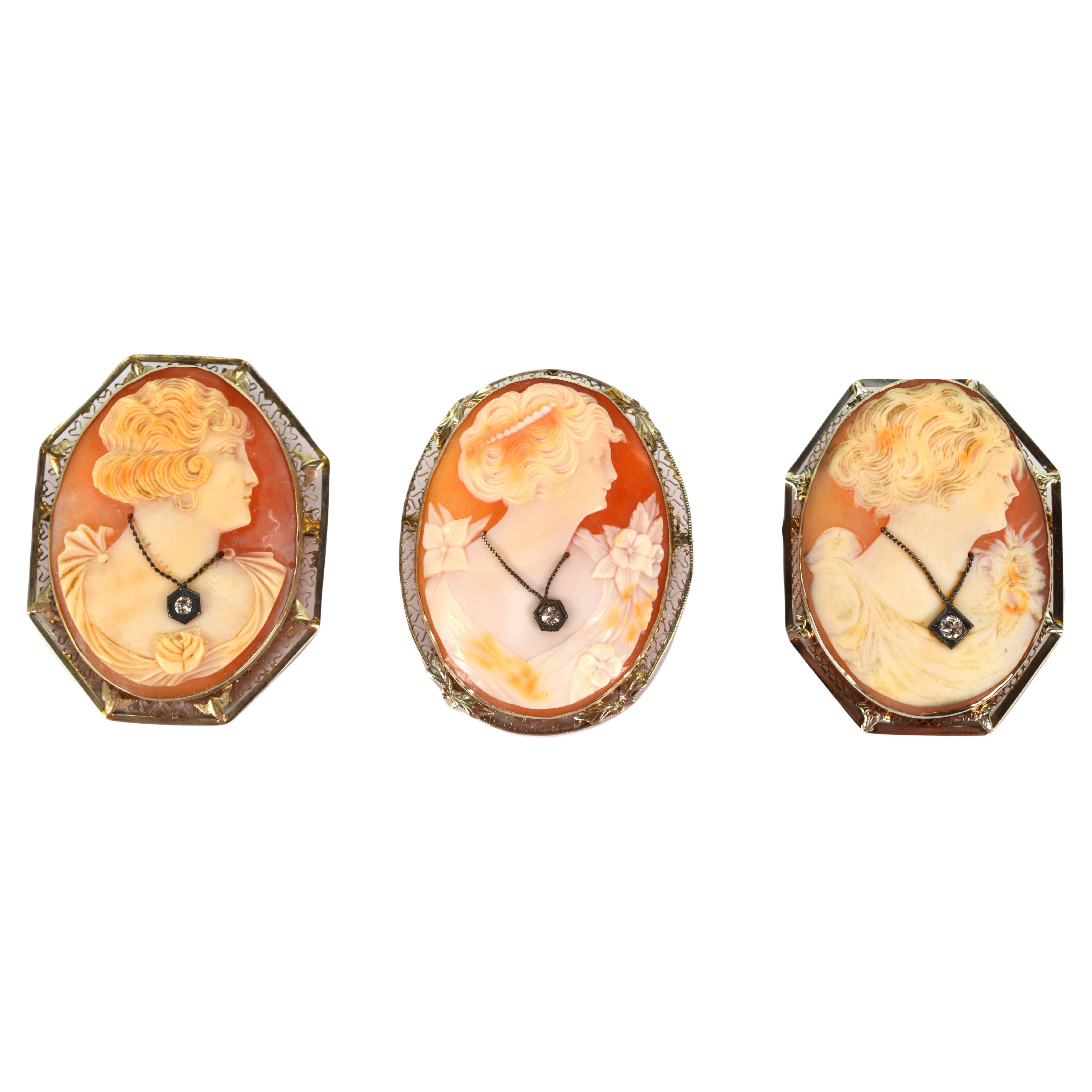 Trio of Antique Carved Shell Cameo Brooch Pin Pendants w Gold Diamonds Accents For Sale