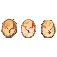 Trio of Antique Carved Shell Cameo Brooch Pin Pendants w Gold Diamonds Accents