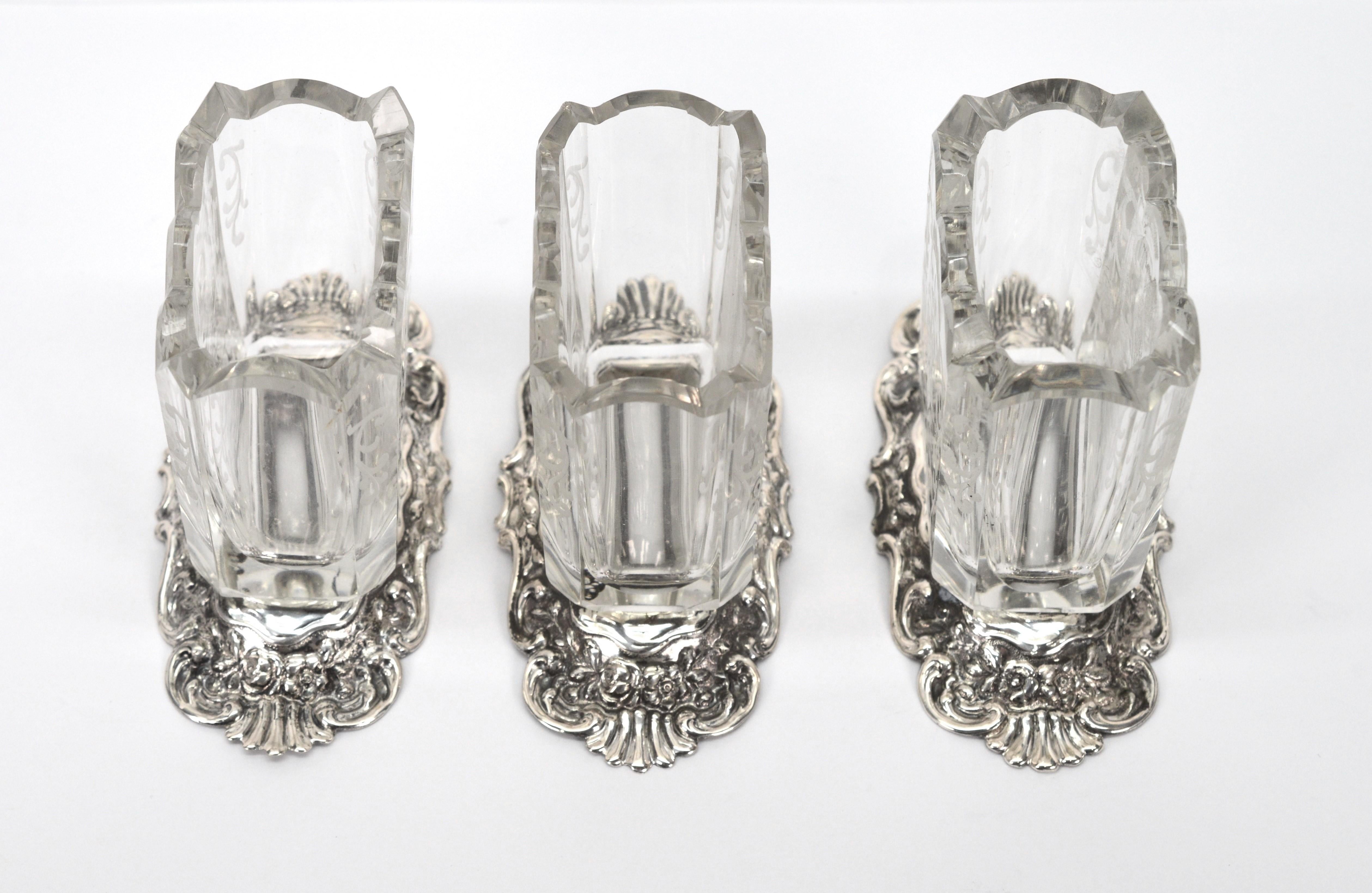 Art Nouveau Trio of Antique Etched Glass Repousse Silver Vanity Vessels For Sale