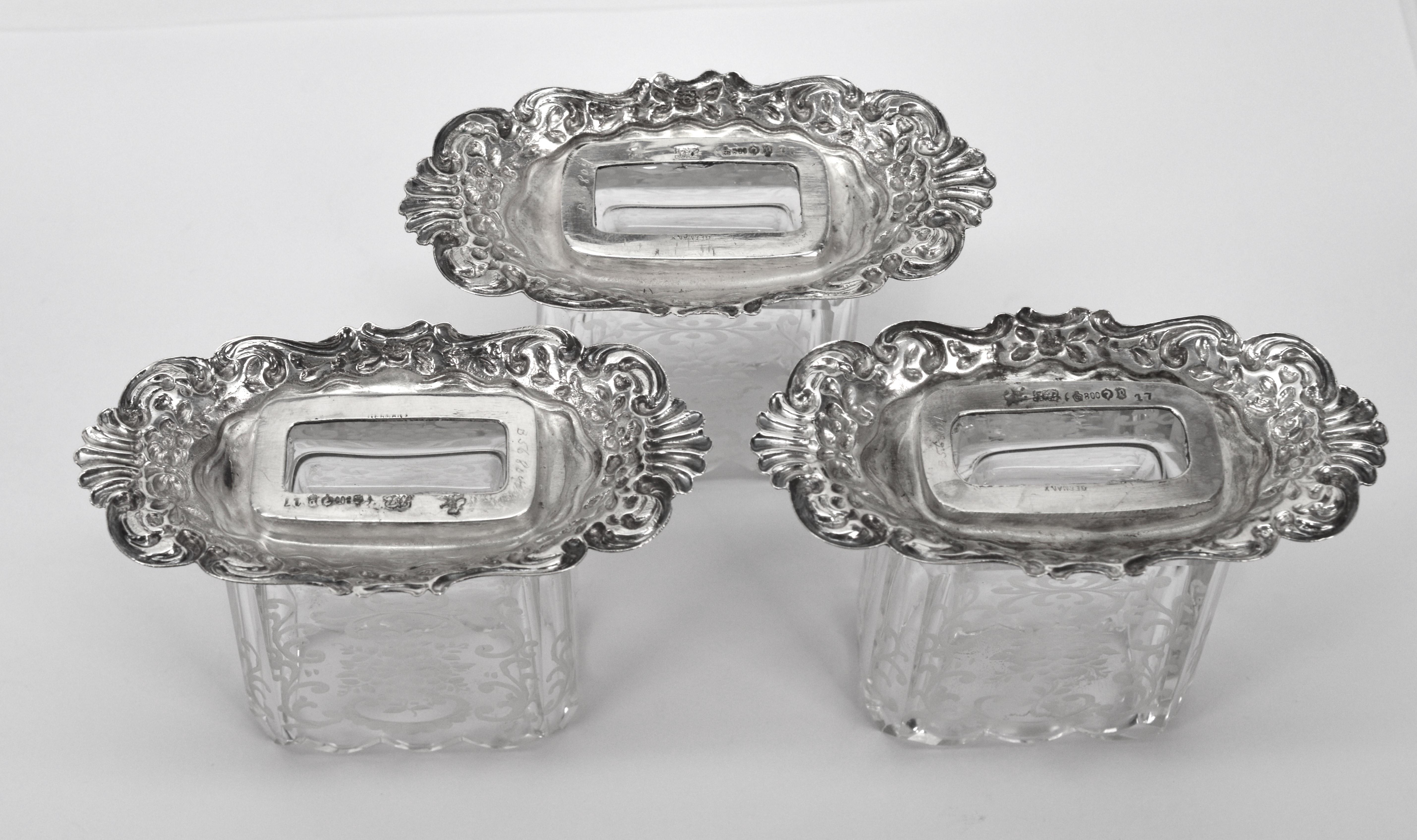 Women's or Men's Trio of Antique Etched Glass Repousse Silver Vanity Vessels For Sale