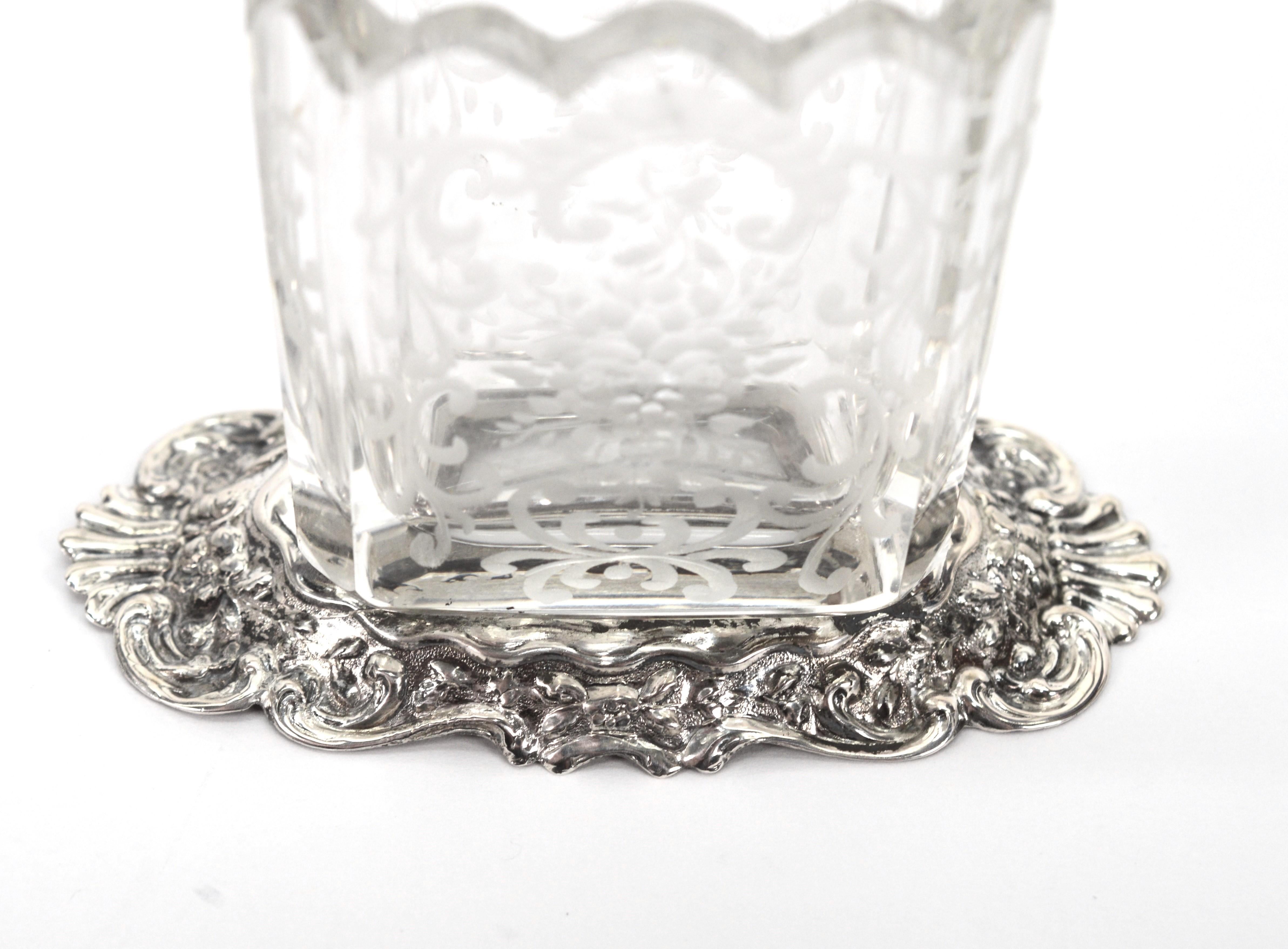 Trio of Antique Etched Glass Repousse Silver Vanity Vessels For Sale 1