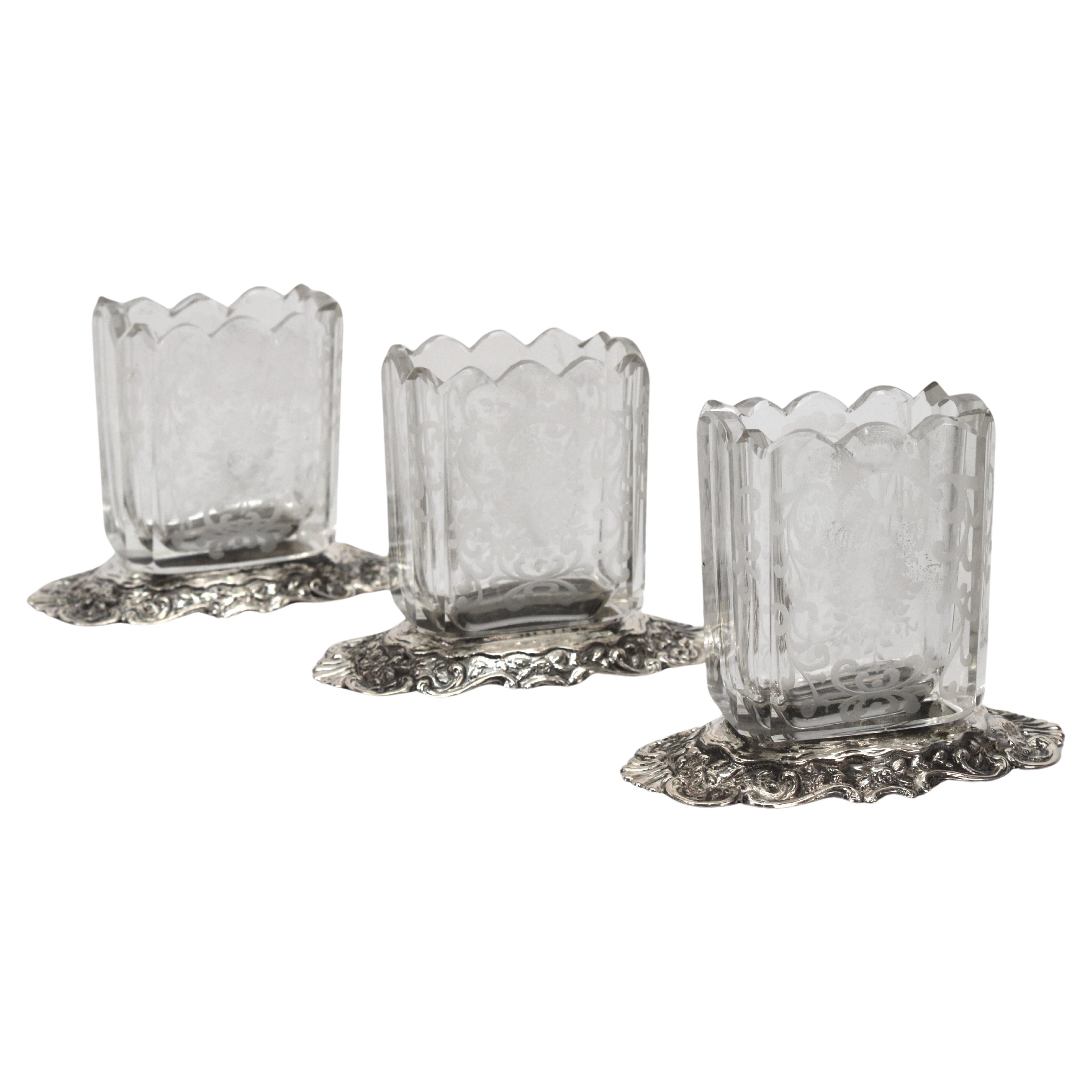 Trio of Antique Etched Glass Repousse Silver Vanity Vessels