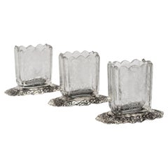 Trio of Antique Etched Glass Repousse Silver Vanity Vessels