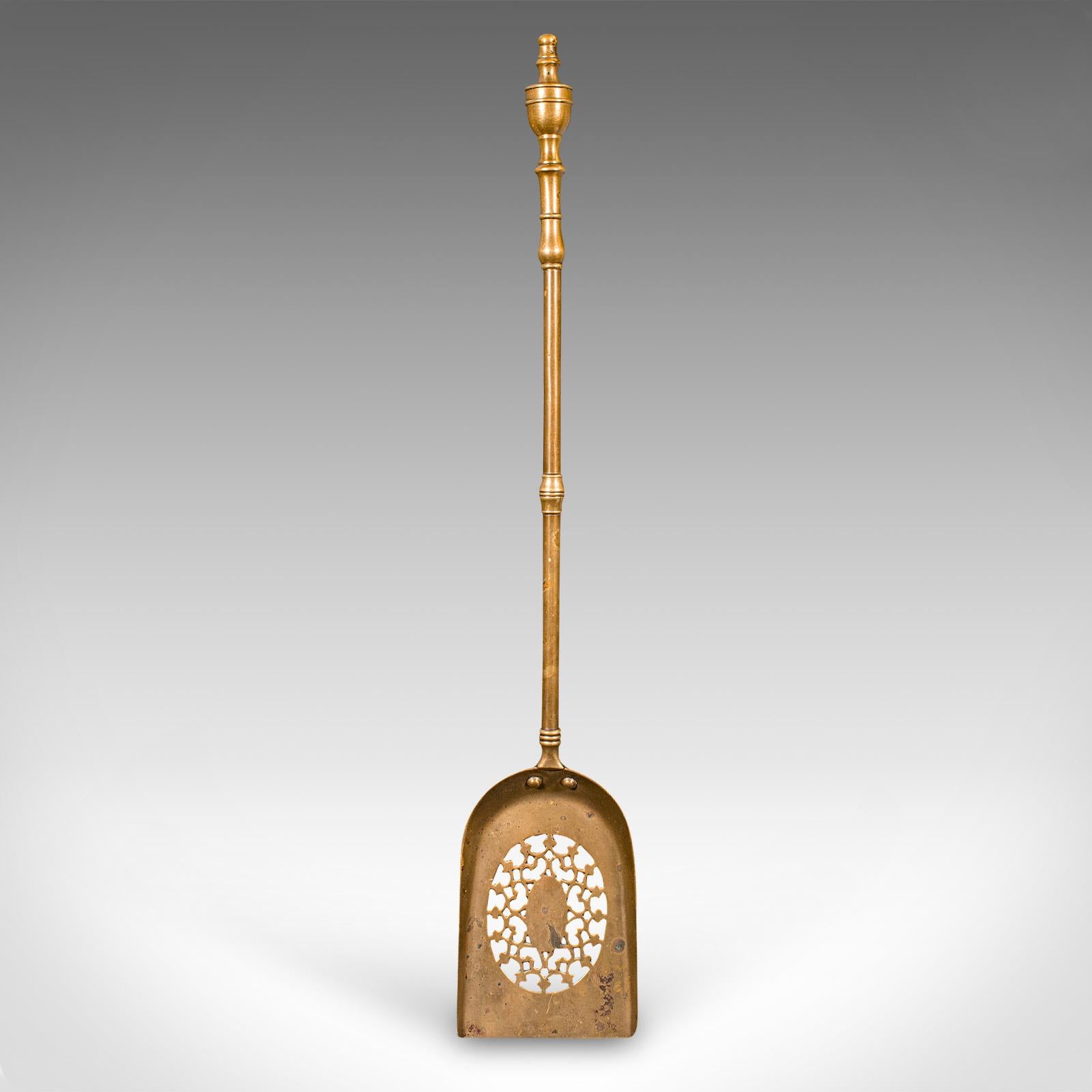 Early Victorian Trio Of Antique Fire Tools, English, Brass, Fireside Companion Set, Victorian