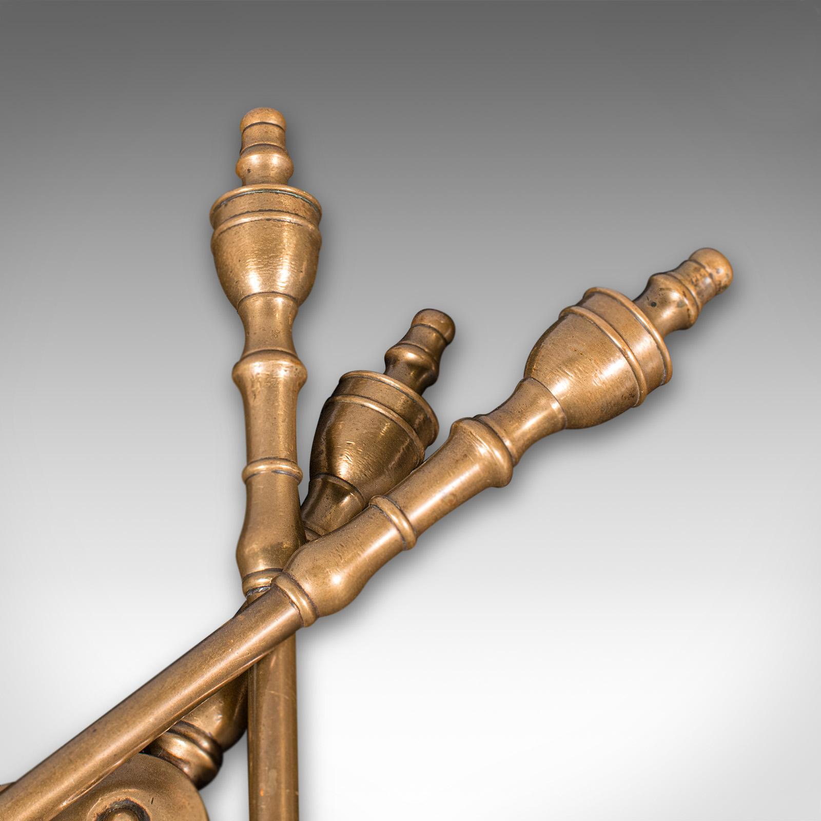 19th Century Trio Of Antique Fire Tools, English, Brass, Fireside Companion Set, Victorian