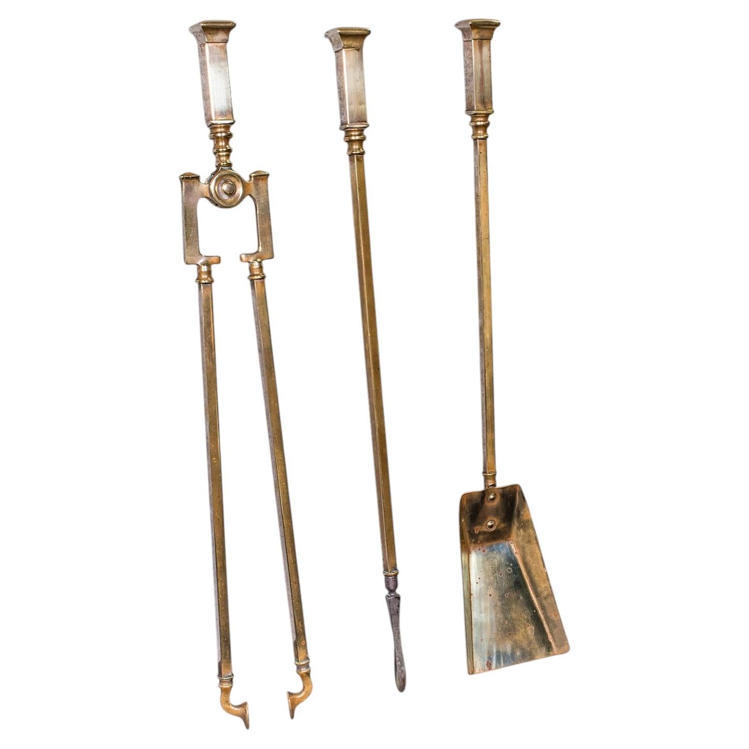 Trio of Antique Fireside Tools, English, Brass, Poker, Tongs, Shovel, Victorian