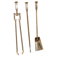 Trio of Antique Fireside Tools, English, Brass, Poker, Tongs, Shovel, Victorian