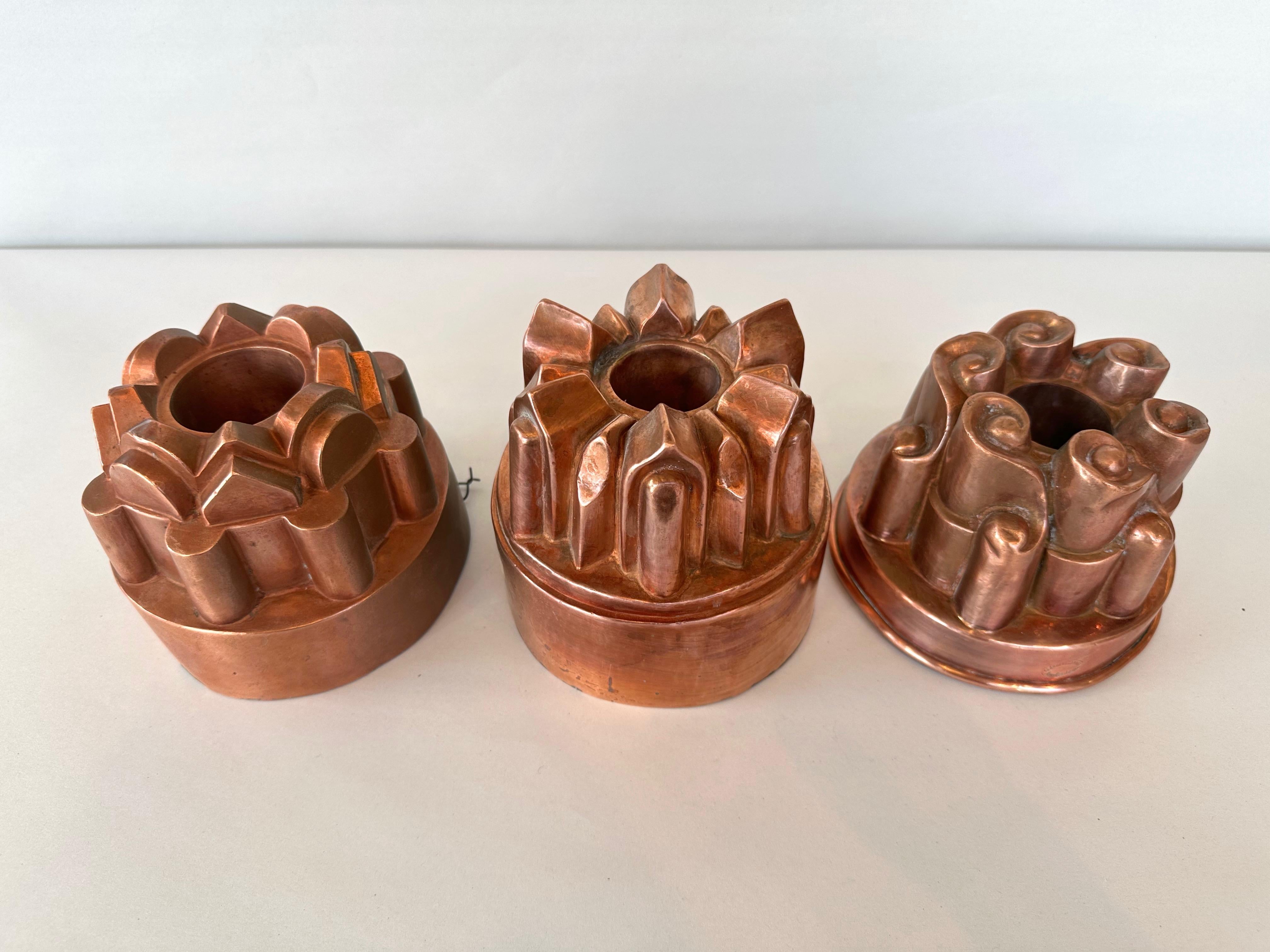 Art Deco Trio of Antique French and Dutch Copper Cake Molds or Jelly Molds, c. 1910 For Sale