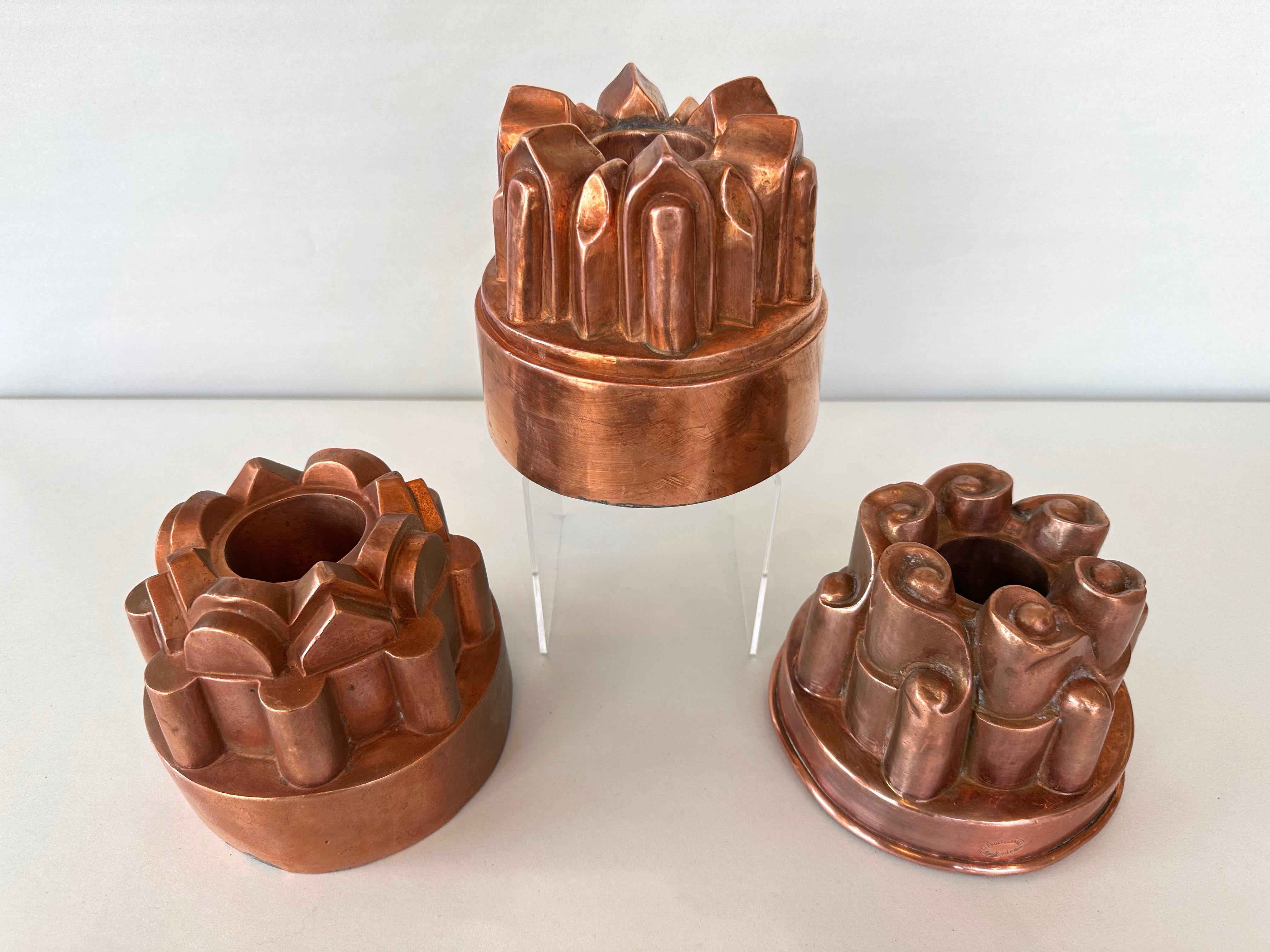 Hand-Crafted Trio of Antique French and Dutch Copper Cake Molds or Jelly Molds, c. 1910 For Sale