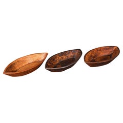 Trio of Antique Peasant Bowls, Indian, Hand Carved, Oval Dish, Victorian c 1900