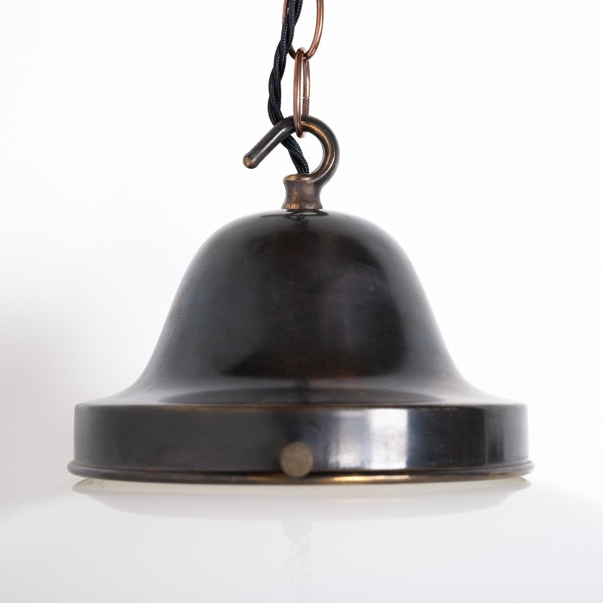 Industrial Trio of Antique Reclaimed Large Opaline Schoolhouse Pendant Lights by Sunco