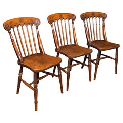 Trio of Antique Station Chairs, English Elm, Reception Hall Side Seat, Victorian