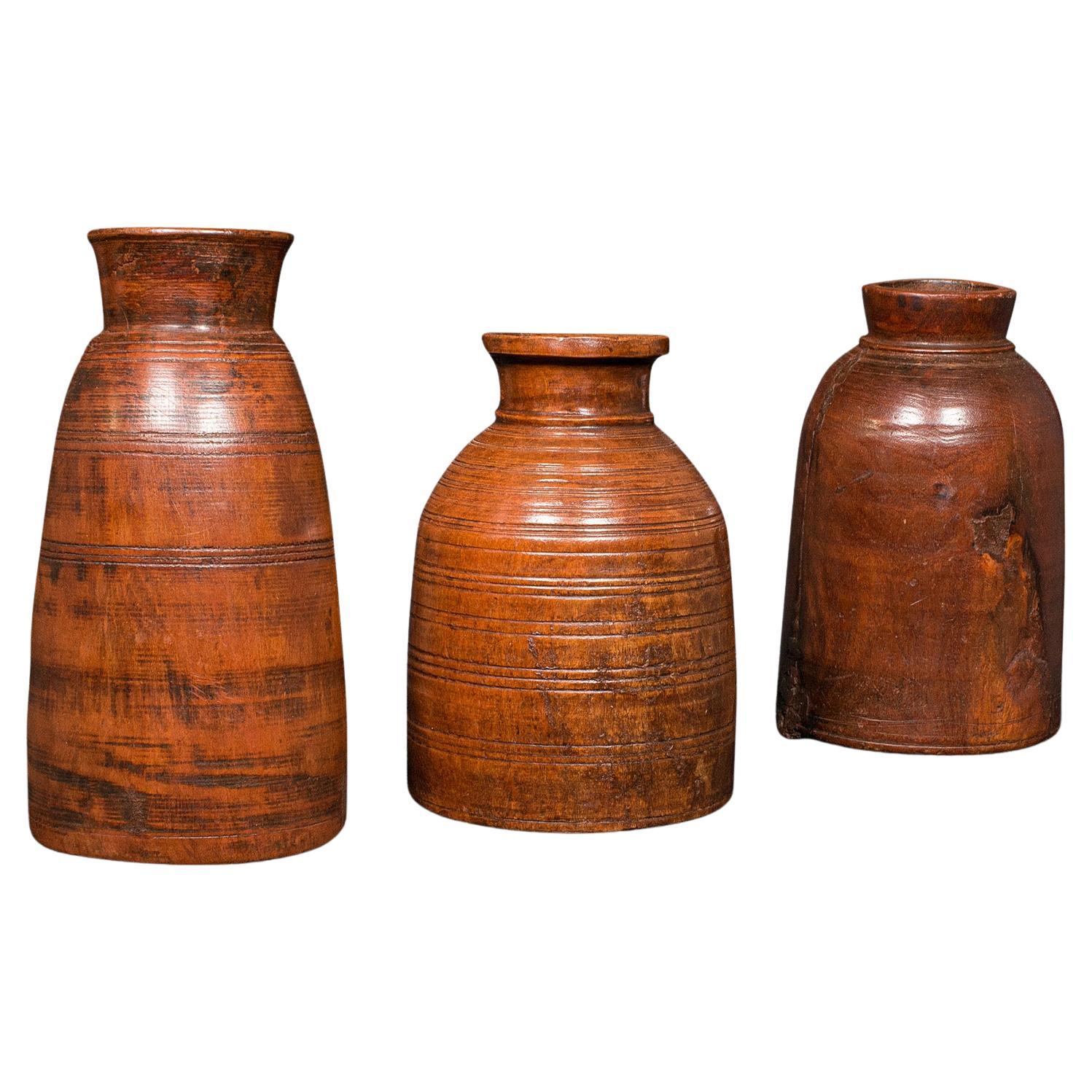 Trio of Antique Tribal Vases, Indian, Hardwood, Accent Jar, Rustic, Victorian For Sale