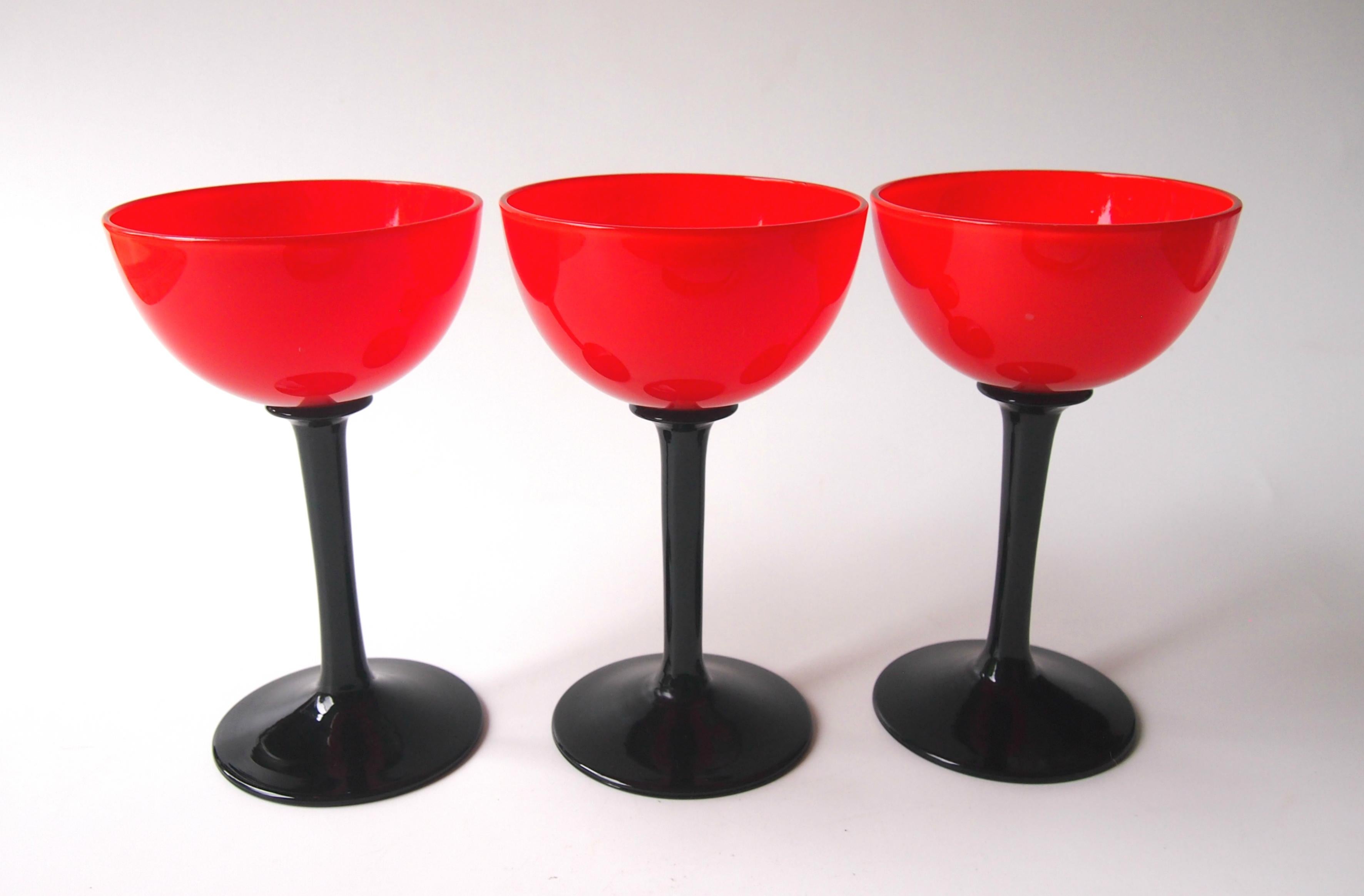 Czech Trio of Bohemian Art Deco Red and Black 'Tango' Glasses by Harrach c1925