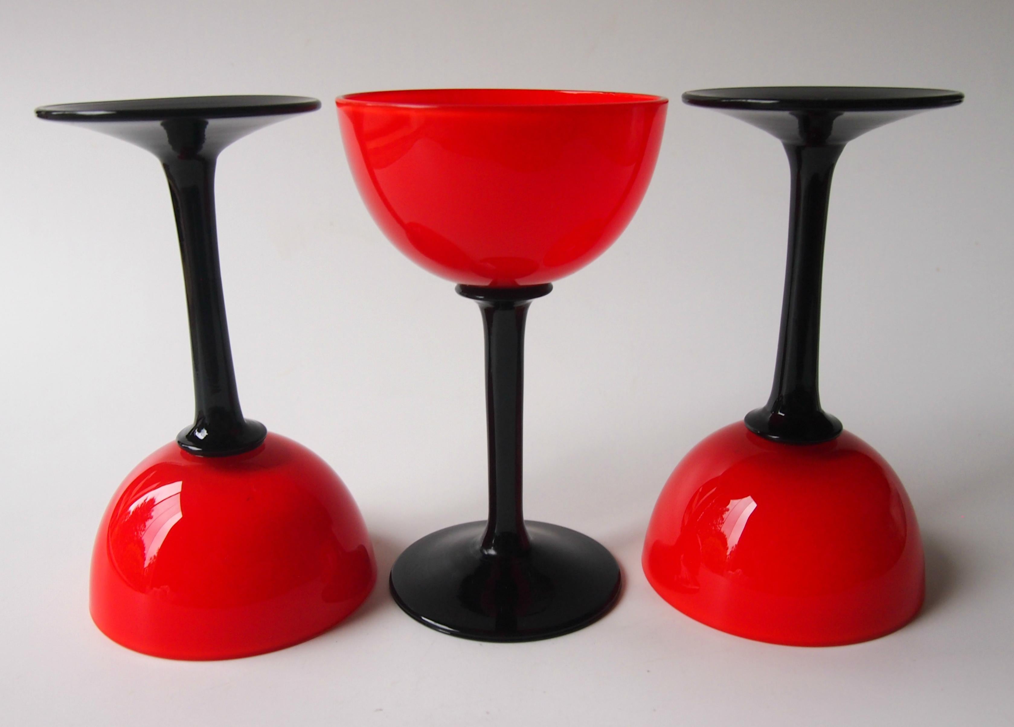 Early 20th Century Trio of Bohemian Art Deco Red and Black 'Tango' Glasses by Harrach c1925