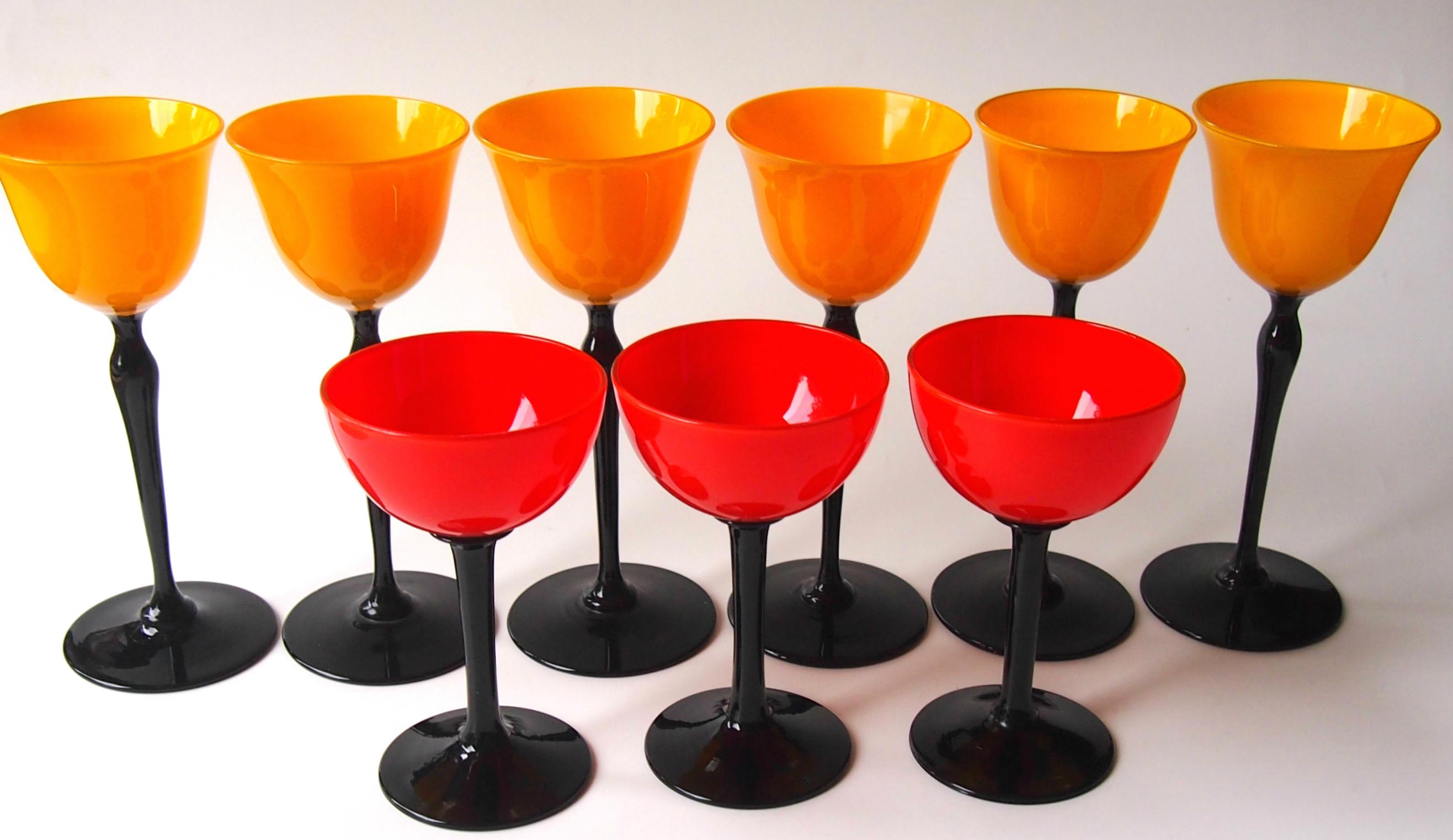 Art Glass Trio of Bohemian Art Deco Red and Black 'Tango' Glasses by Harrach c1925