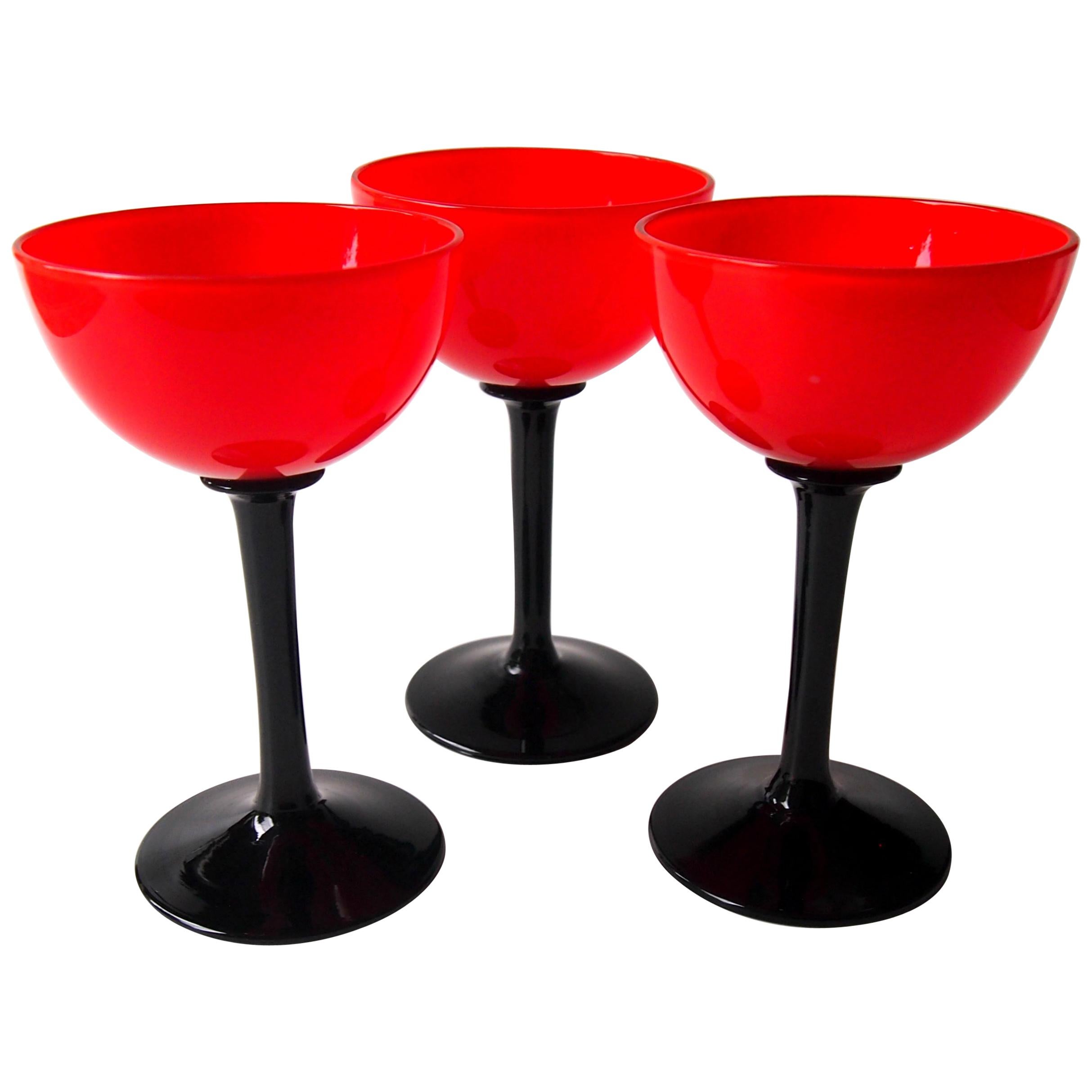 Trio of Bohemian Art Deco Red and Black 'Tango' Glasses by Harrach c1925