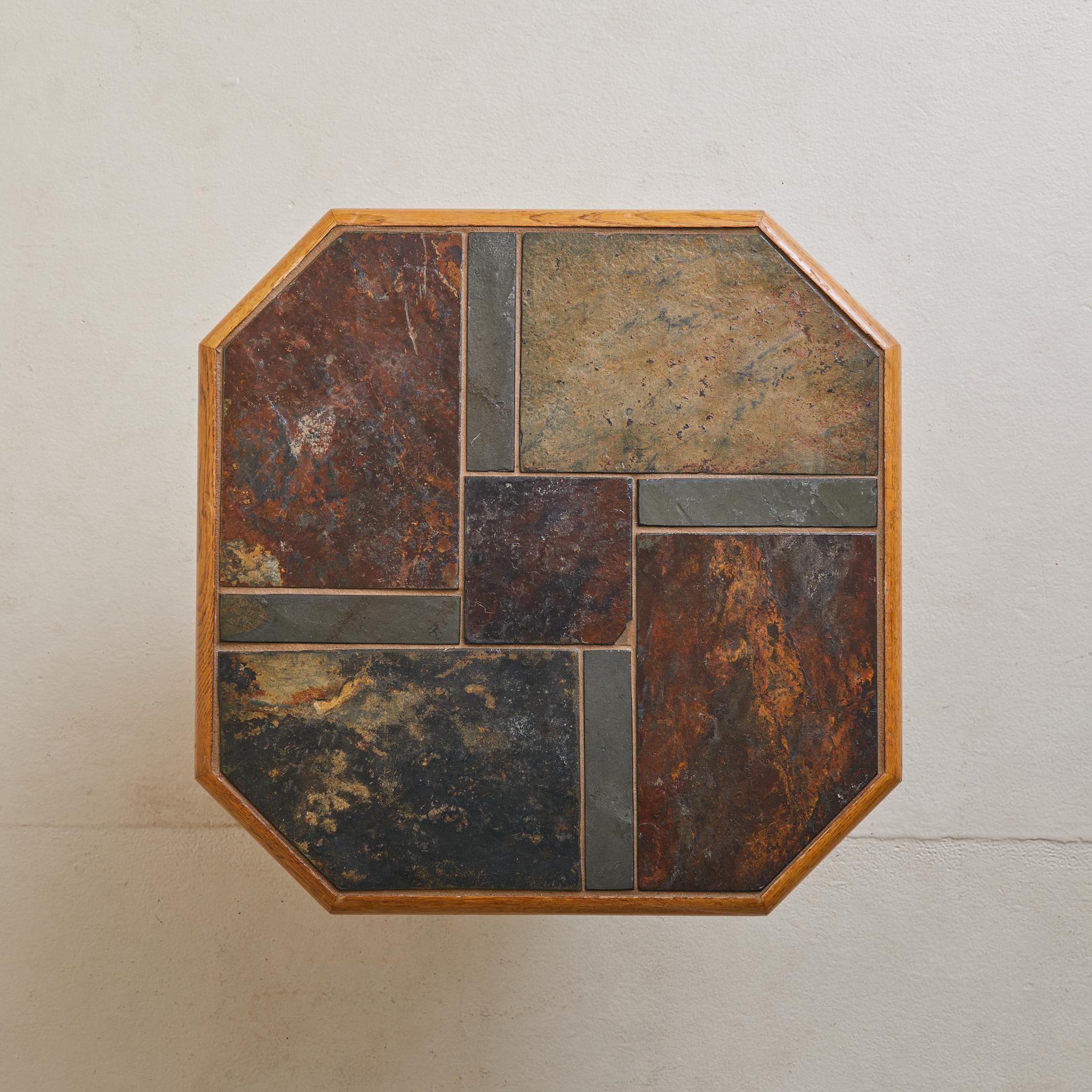Trio of Belgian Oak + Stone Octagonal Nesting Tables, 1970s 4