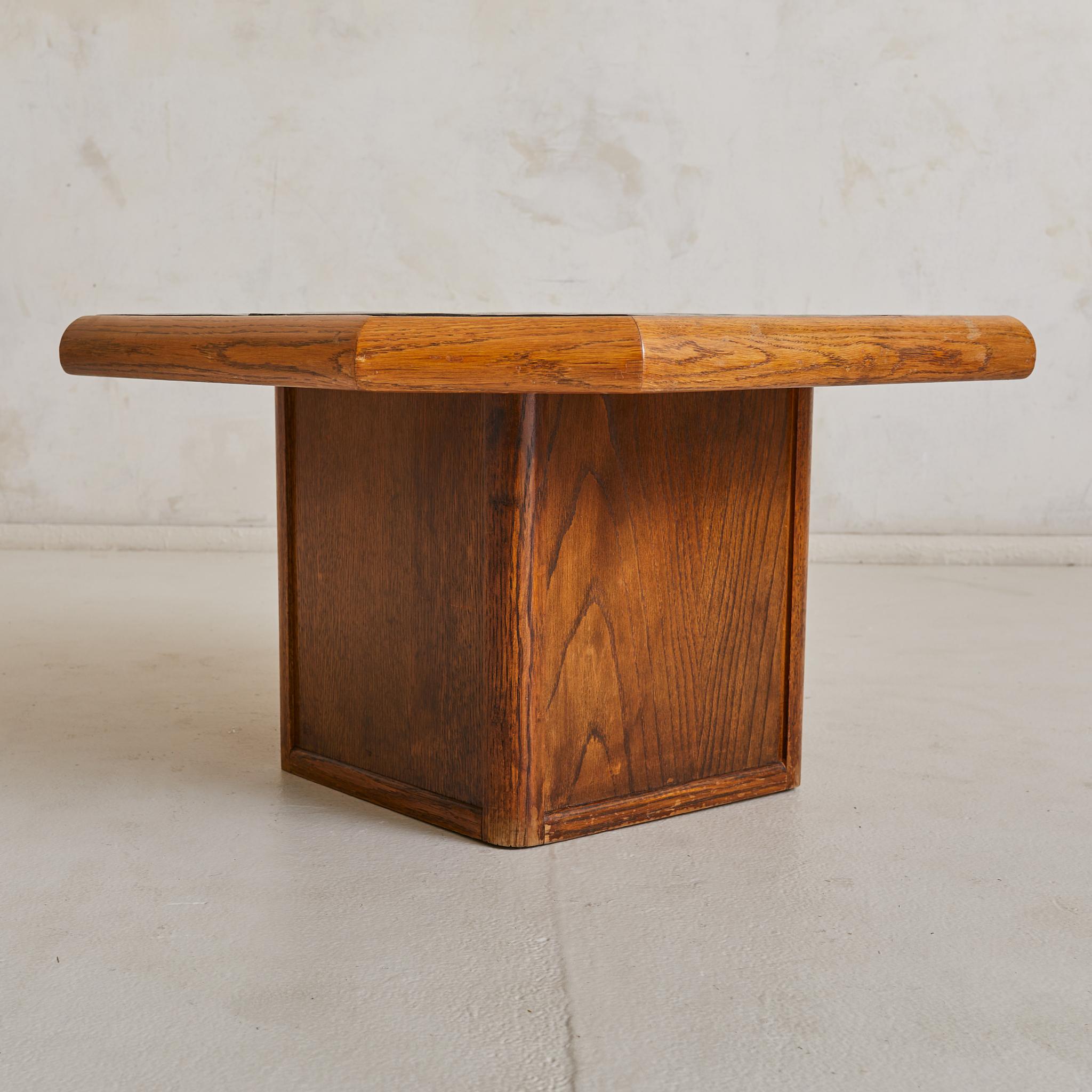 Brutalist Trio of Belgian Oak + Stone Octagonal Nesting Tables, 1970s