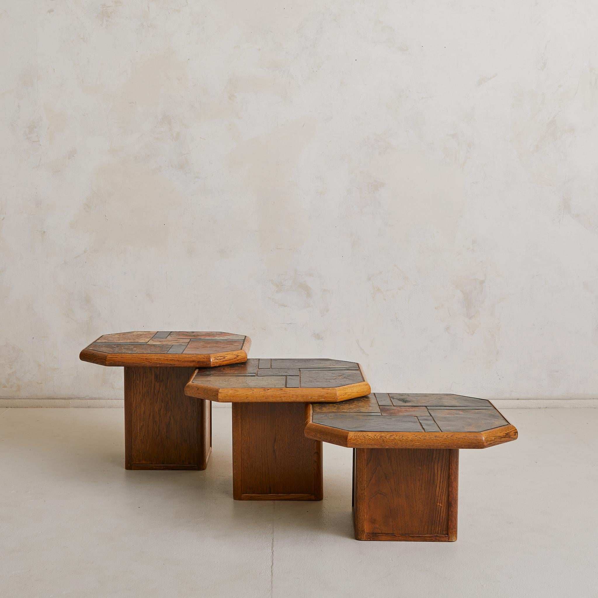 Slate Trio of Belgian Oak + Stone Octagonal Nesting Tables, 1970s