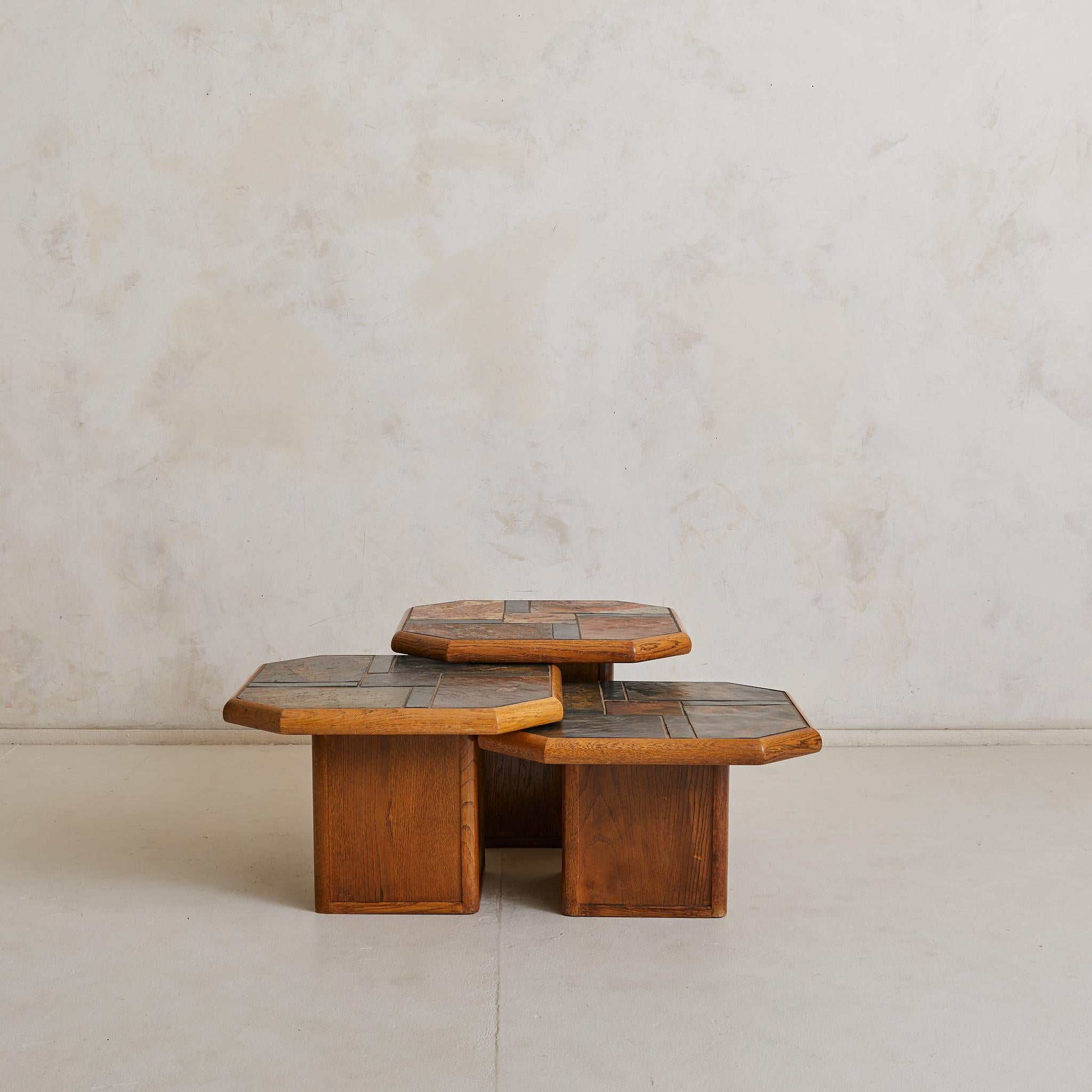 Trio of Belgian Oak + Stone Octagonal Nesting Tables, 1970s 2