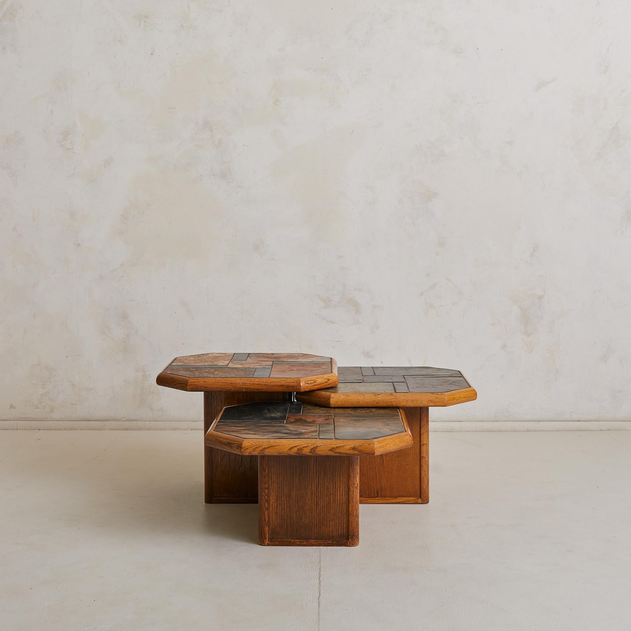 Trio of Belgian Oak + Stone Octagonal Nesting Tables, 1970s 3