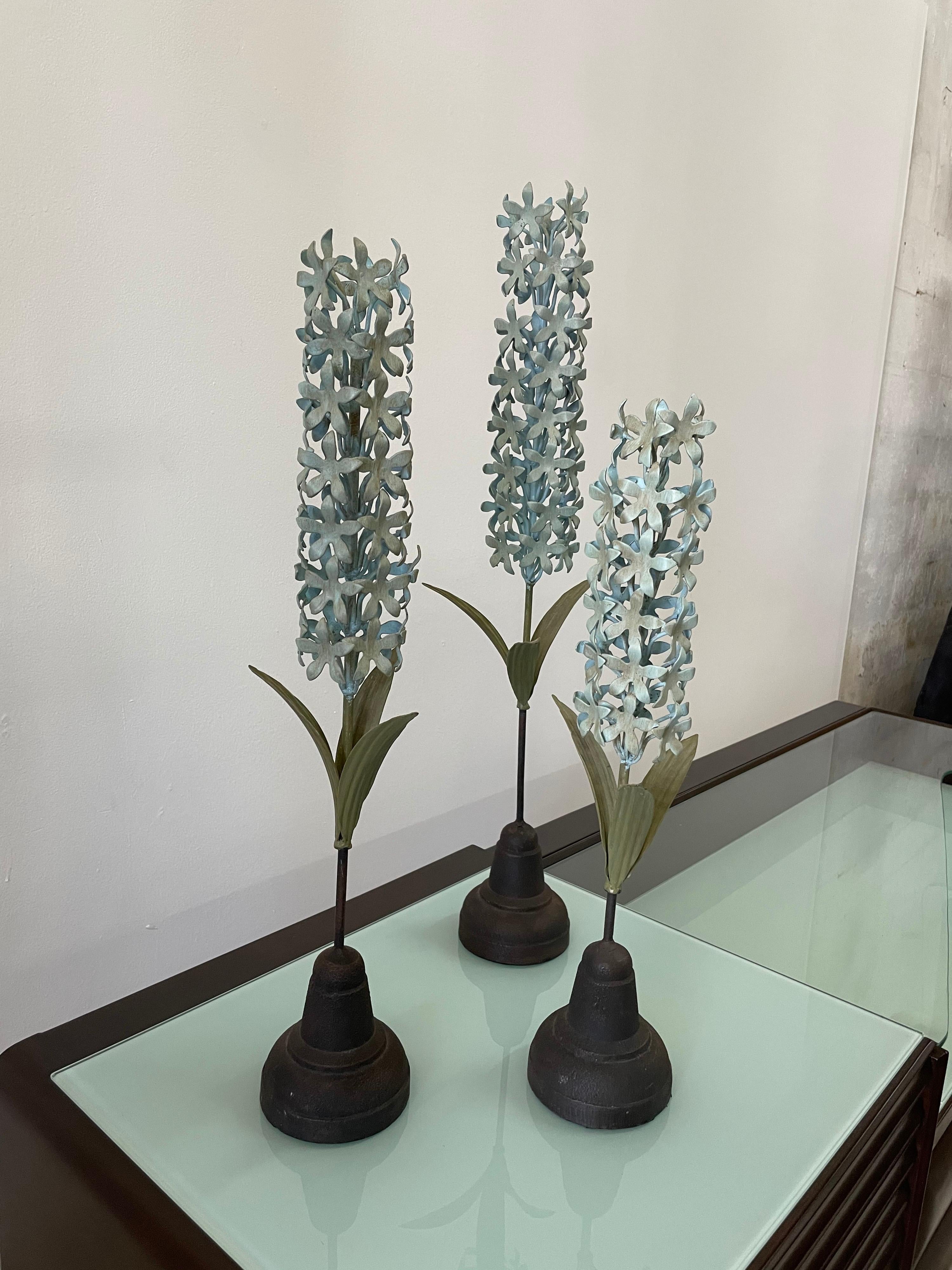 North American Trio of Blue Hyacinth Metal Sculptures