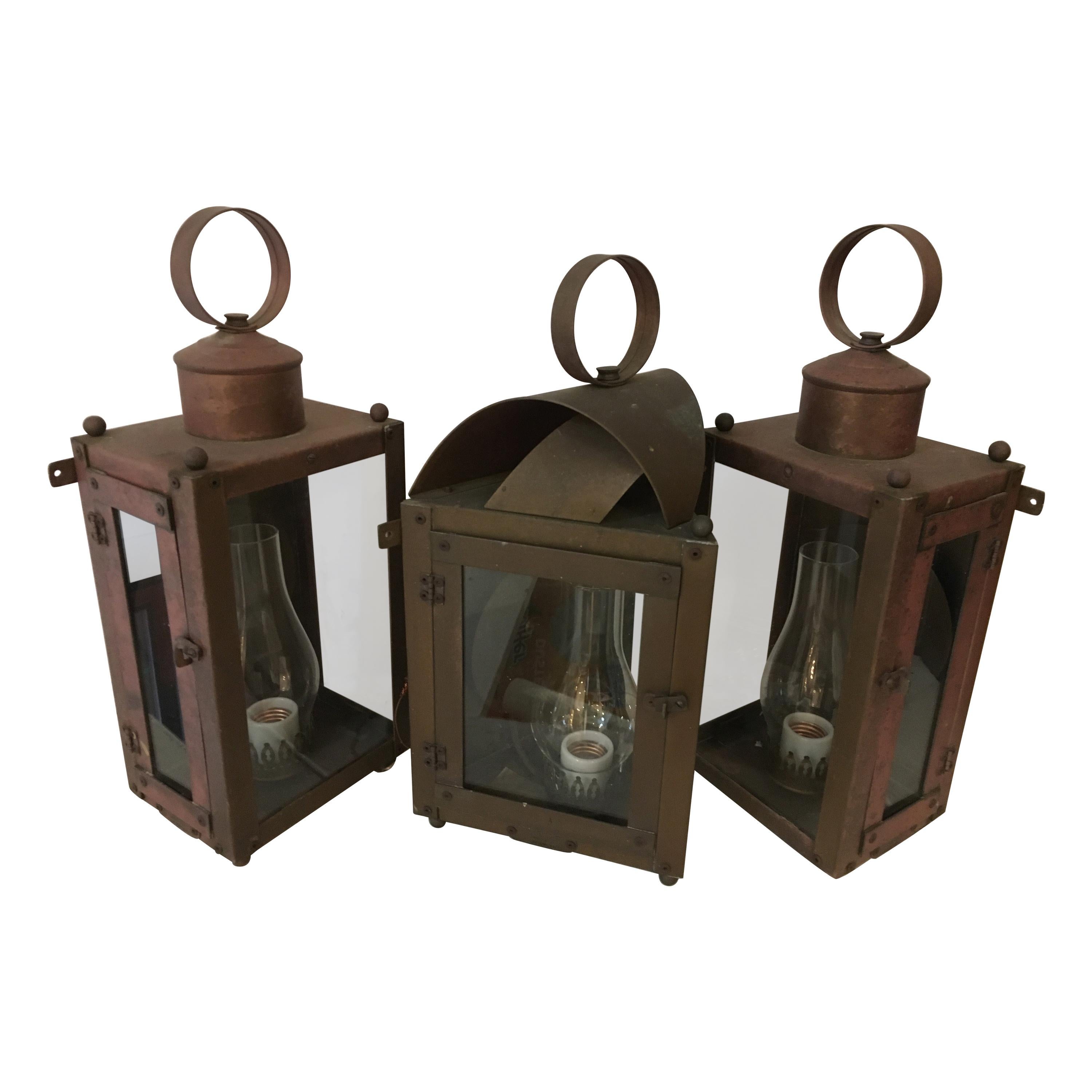 Trio of Brass and Copper Exterior Lantern Sconces