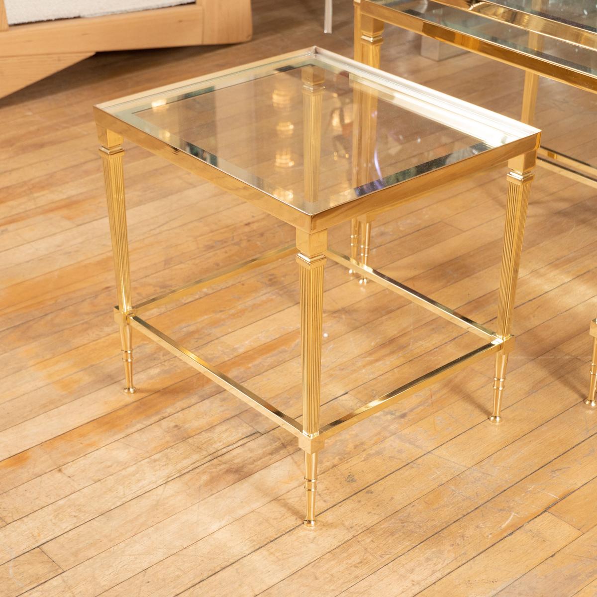 Mid-Century Modern Trio of brass and glass nesting tables For Sale